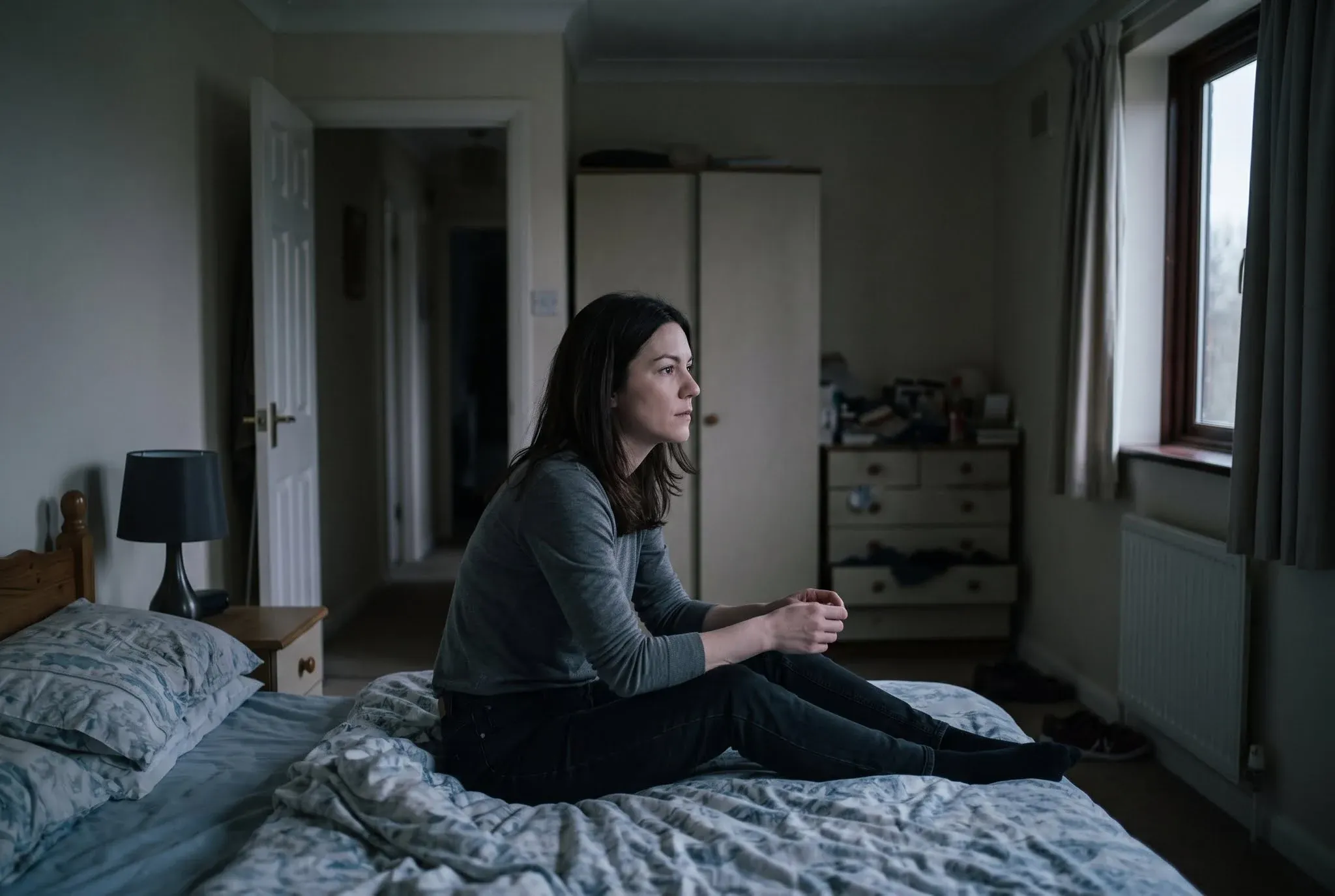 A woman sitting on the edge of her bed in a dim bedroom before dawn, awake and alert, looking toward the open doorway