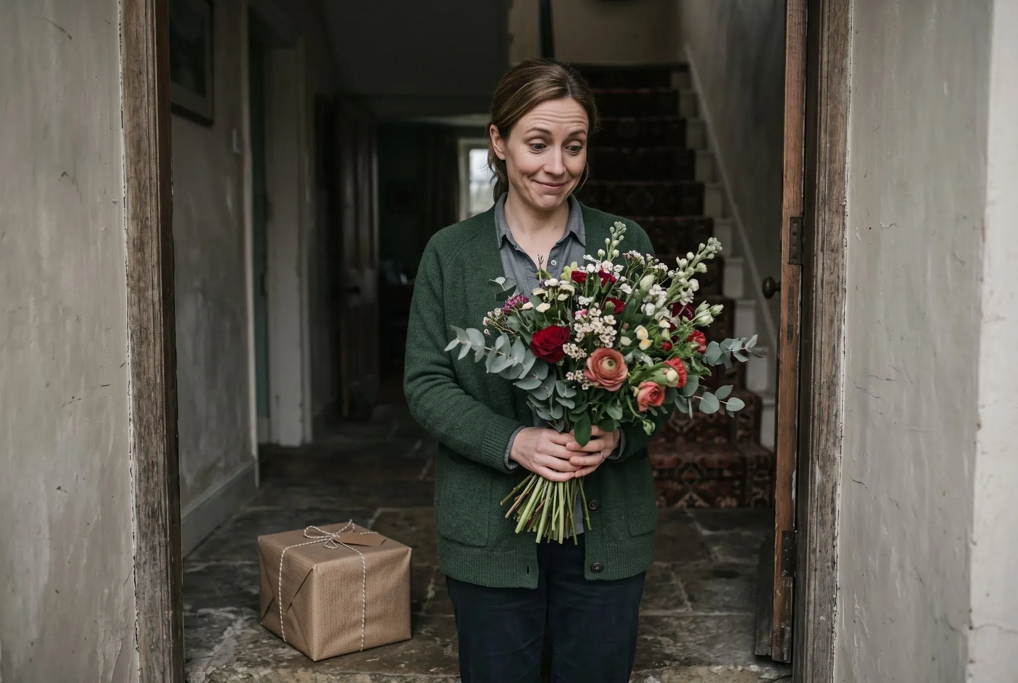 A woman in a doorway holding a large bouquet with a wrapped parcel on the floor beside her