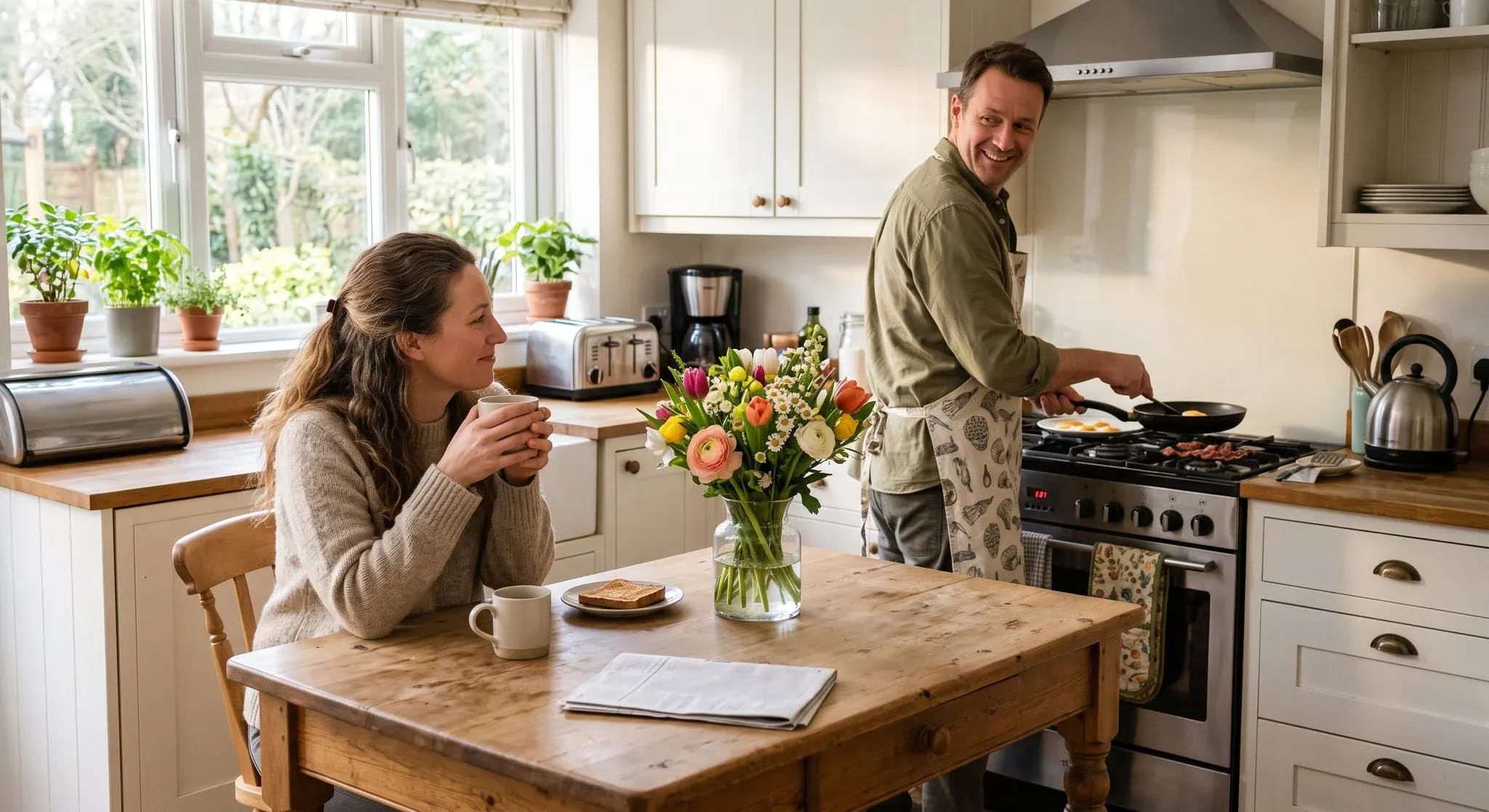 A man cheerfully cooking breakfast and smiling over his shoulder while a woman at the kitchen table holds her coffee and smiles back politely, a fresh bouquet between them
