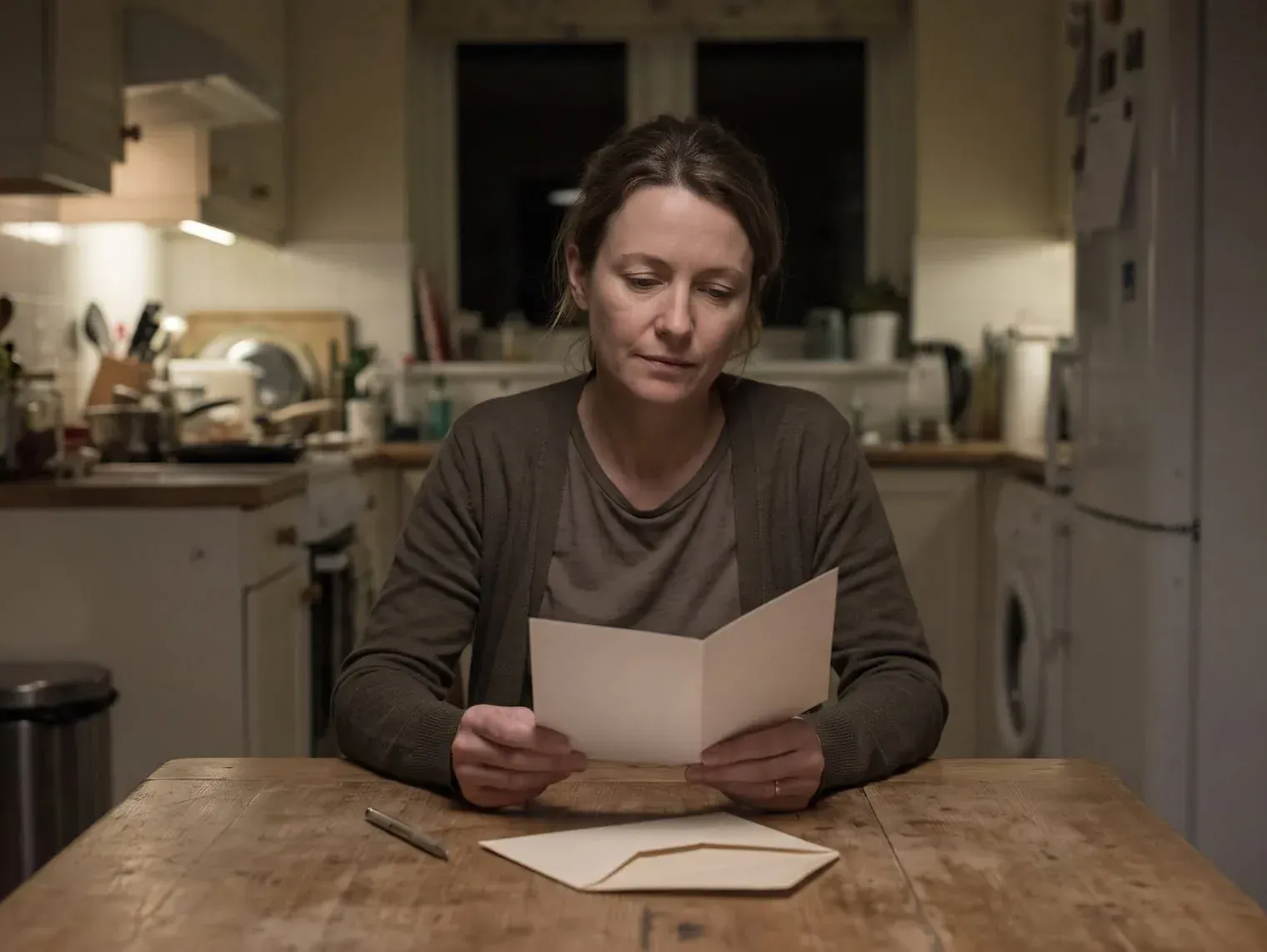 A woman sitting alone at a kitchen table at night, looking at an open greeting card, with an empty envelope and a pen in front of her