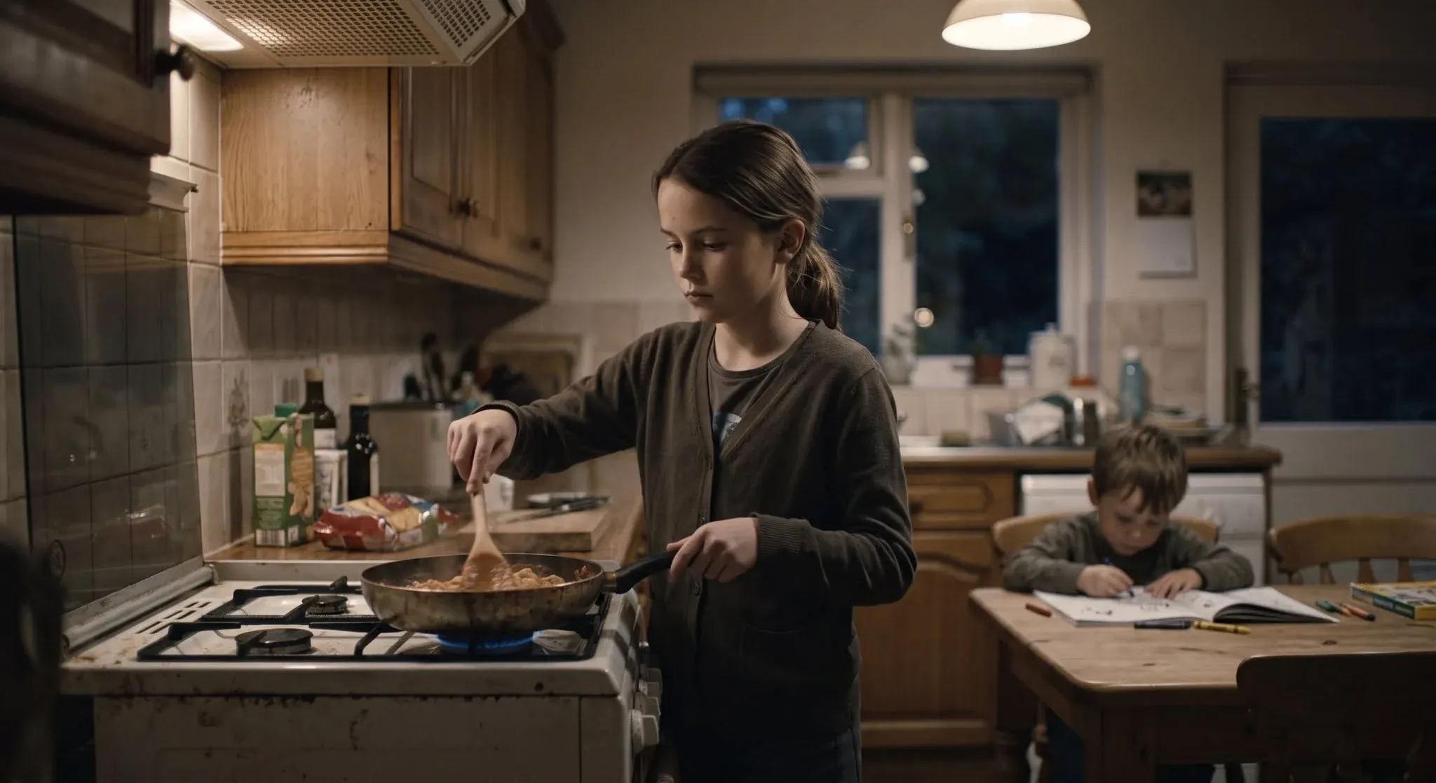 A girl of about eleven stirring a pan at the kitchen stove in the evening while her younger brother colours in at the table behind her