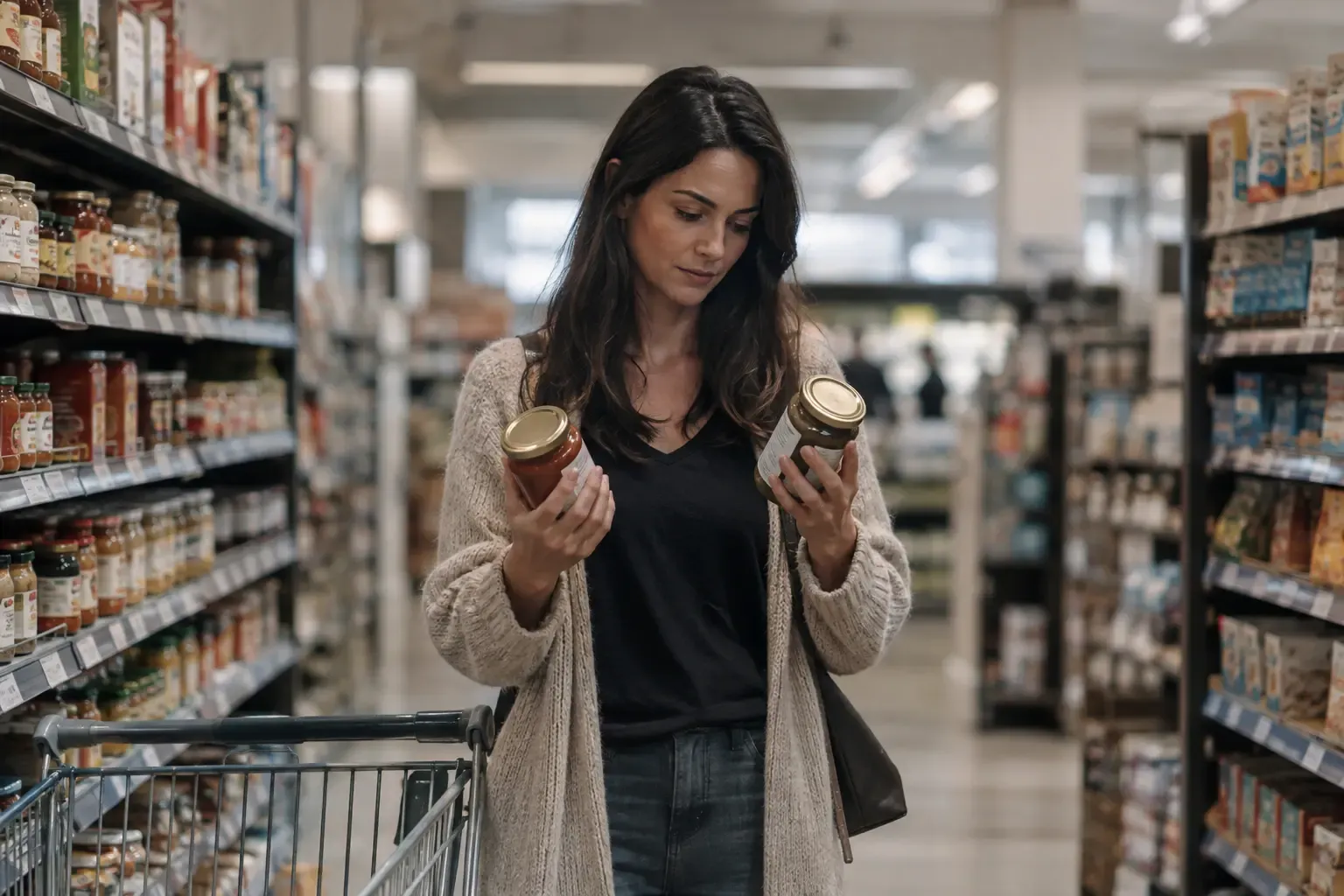 A woman in a supermarket aisle holding a jar in each hand, looking down at them and deciding, her trolley beside her