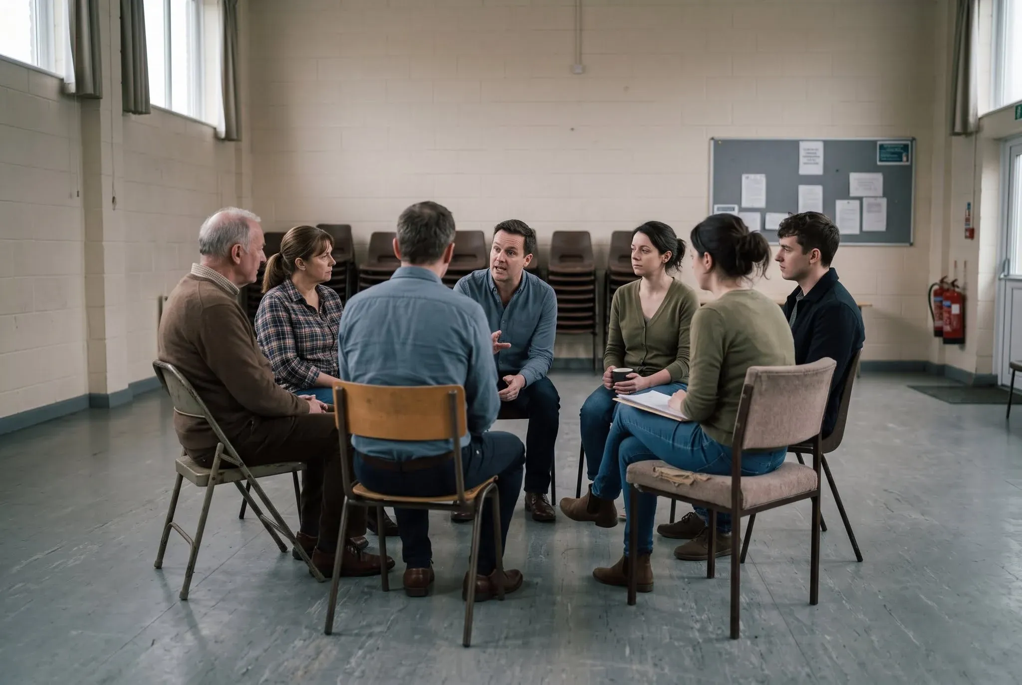 Six adults sitting in a circle of mismatched chairs in a plain community hall, one speaking while the others listen