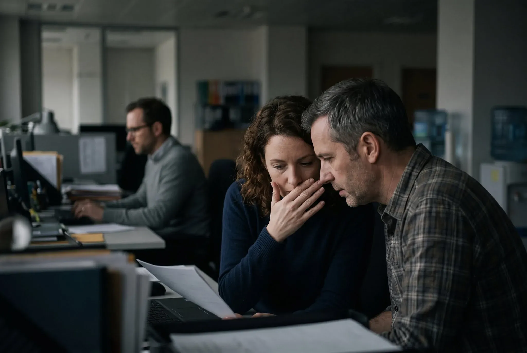 Two colleagues leaning together talking while a man works alone at a desk behind them