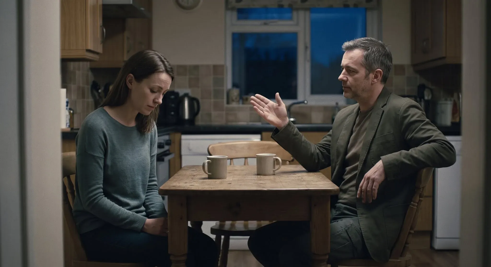 A woman at a kitchen table looking down at her hands while the man opposite leans back, calm, one hand raised mid-explanation