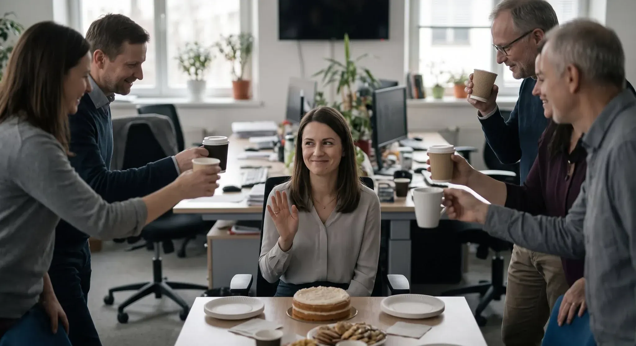 A woman at her office desk smiling politely and raising one hand to wave the attention away, as colleagues around her lift their coffee cups to her over a cake
