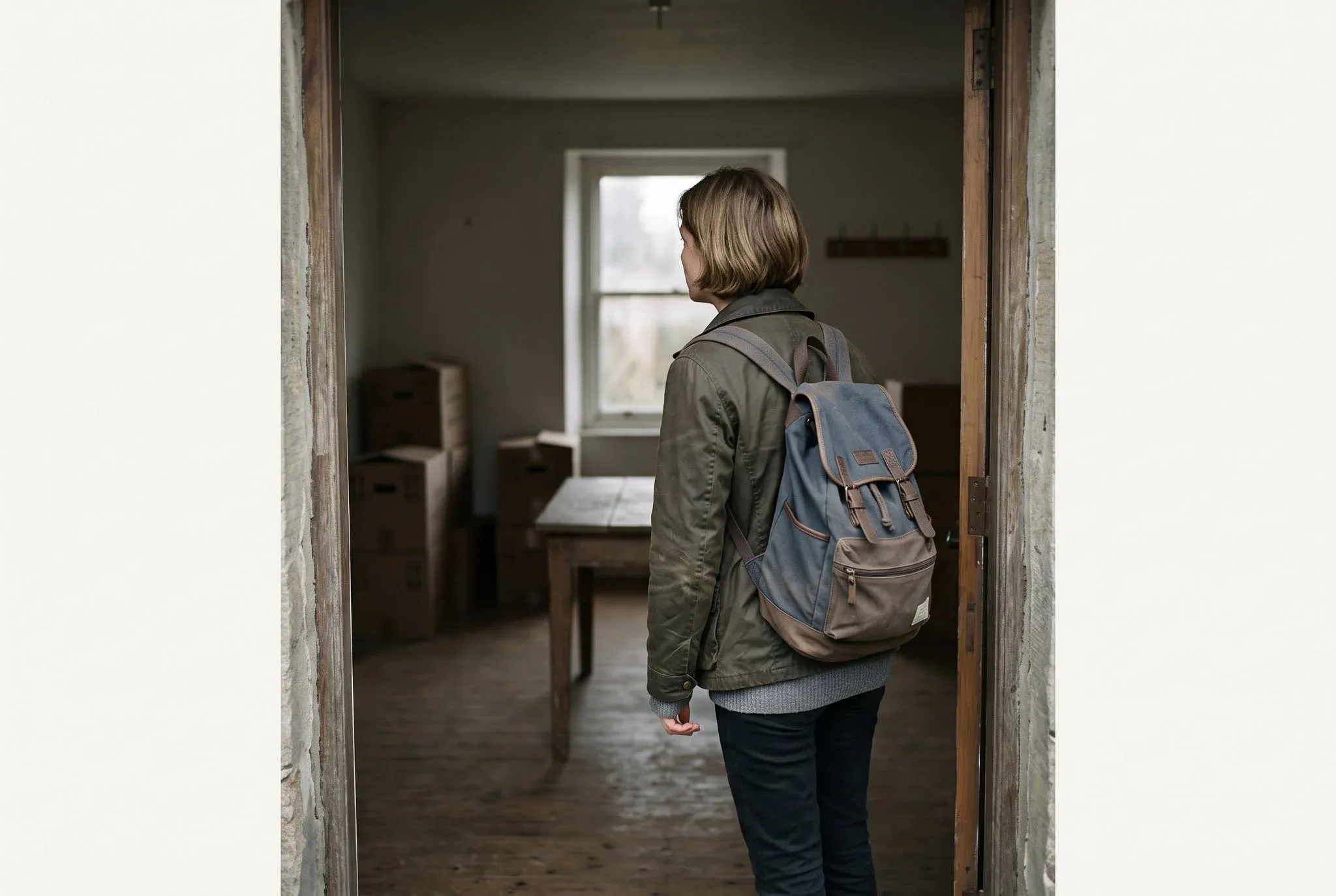 A woman with a backpack standing in a doorway looking into a sparse room with packing boxes