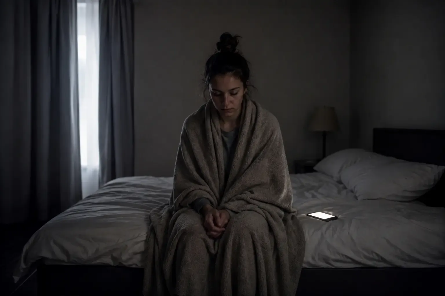 A woman sitting on the edge of a bed wrapped in a blanket, head lowered, a lit phone ignored beside her