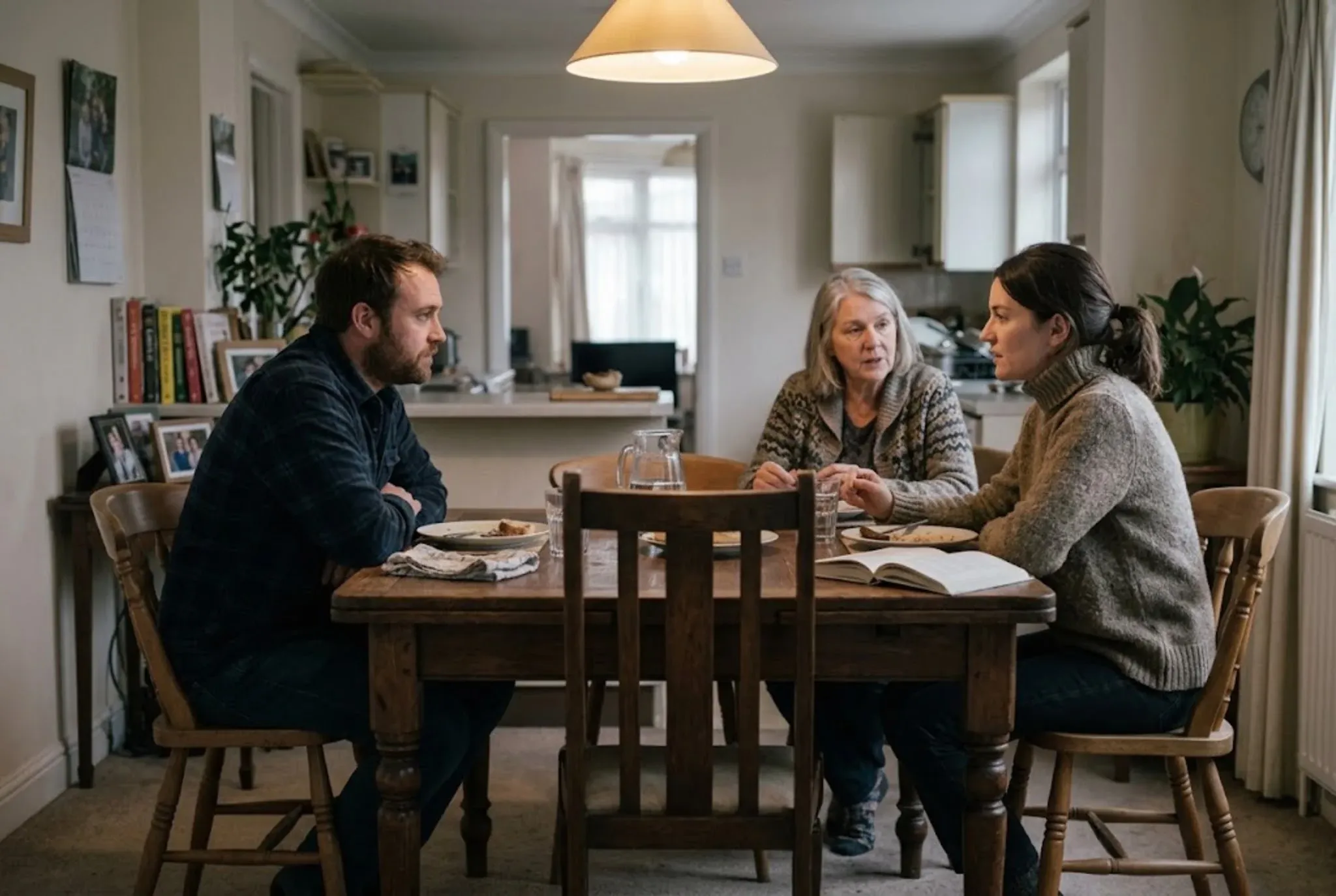Three adults talking around a dining table in a lived-in kitchen, with an empty chair pushed back in the foreground where a fourth person would sit