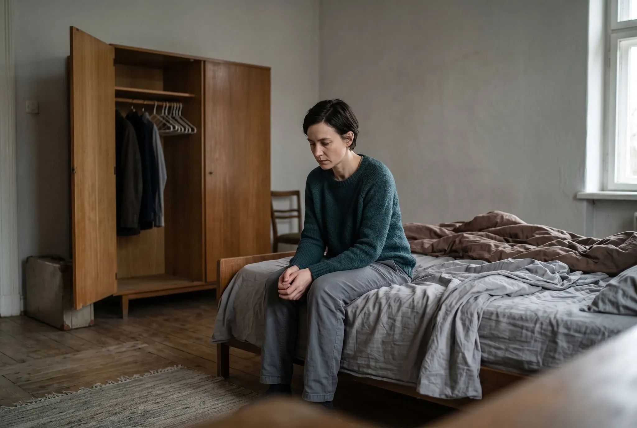 A woman sitting on the end of an unmade bed beside an open wardrobe with half the hangers empty