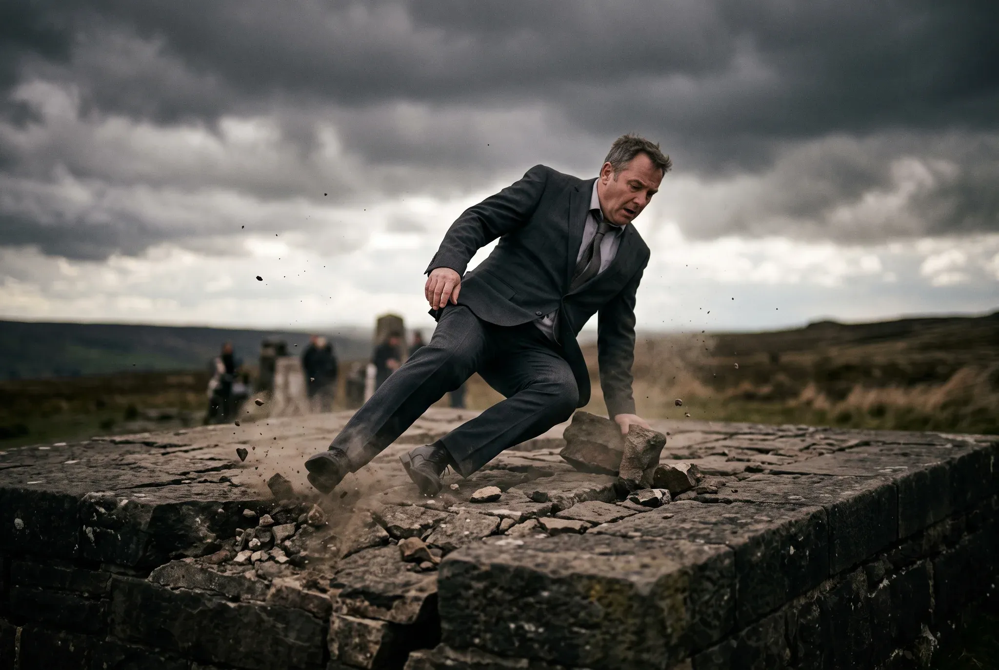 A man in a suit losing his footing on a crumbling stone plinth under storm clouds