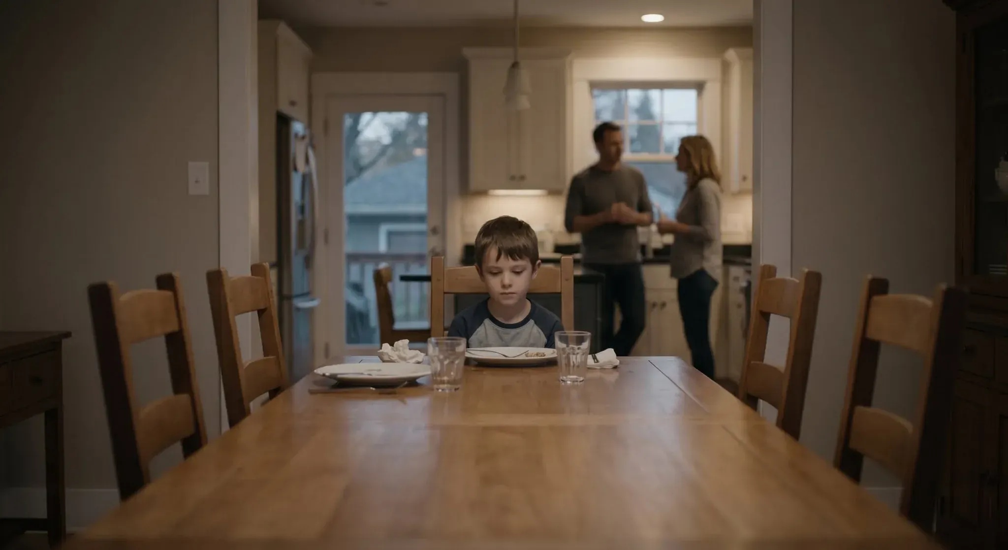 A young boy sitting alone at the end of a long dining table after a meal, while his parents talk to each other in the kitchen behind him
