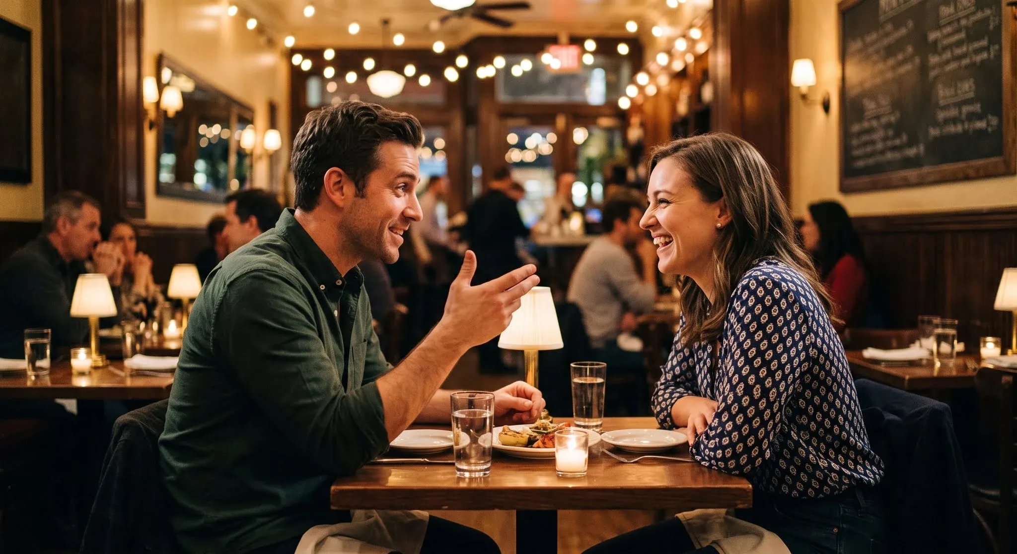A man mid-story at a candlelit restaurant table, gesturing, while the woman opposite him laughs openly