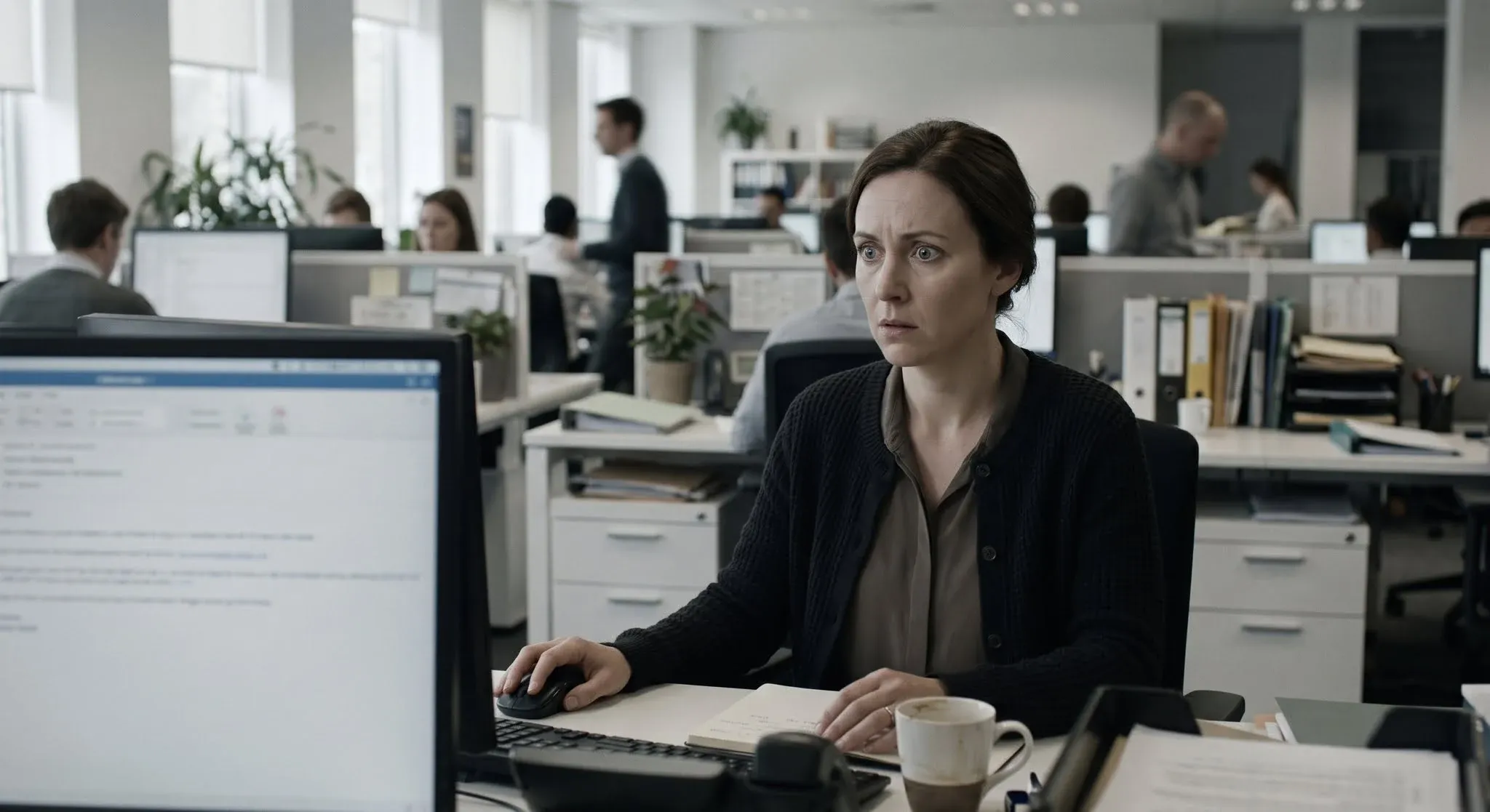 A woman at her desk in an open-plan office, hand frozen on her mouse, staring at her screen with sudden fear while colleagues work on around her