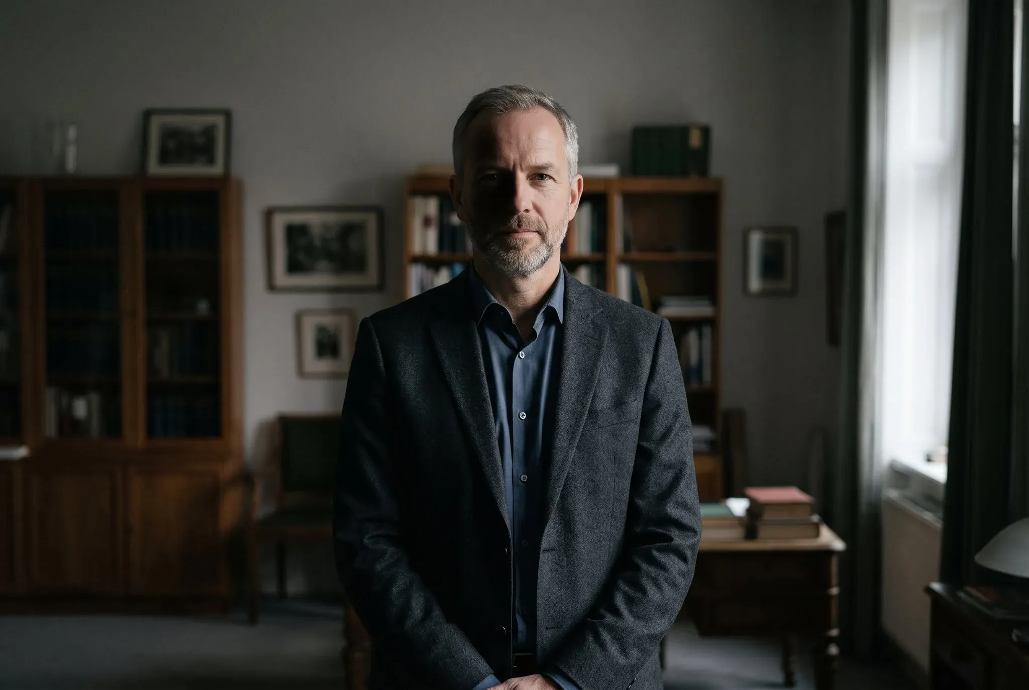 A composed man standing in a study looking directly at the camera, half his face in shadow