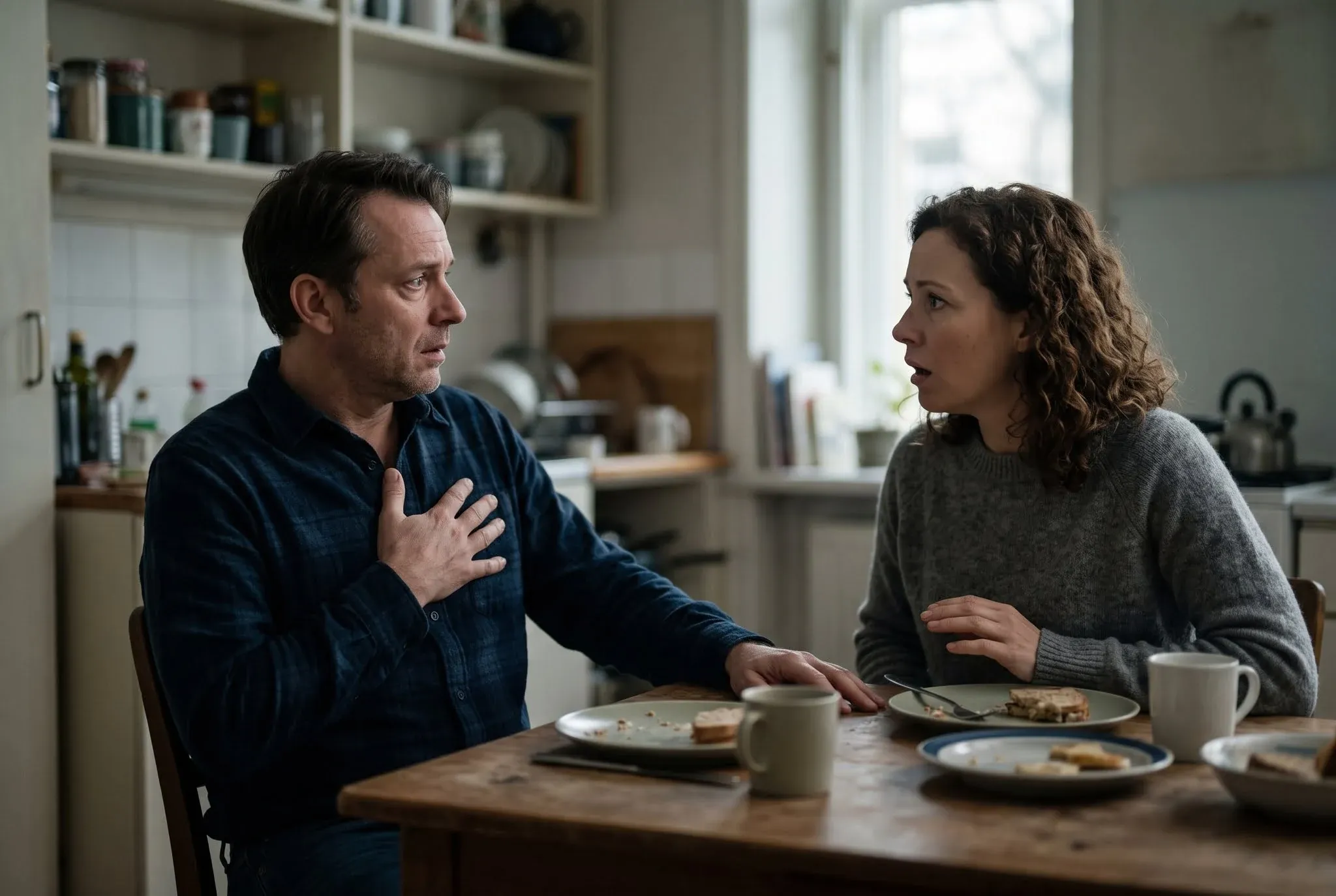 A man at a kitchen table with a hand on his chest facing a woman who has stopped mid-sentence