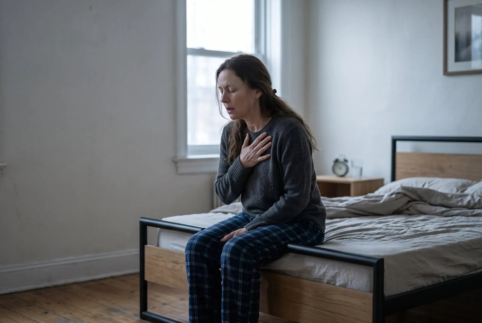 A woman sitting on the edge of a bed with one hand on her chest and her eyes closed