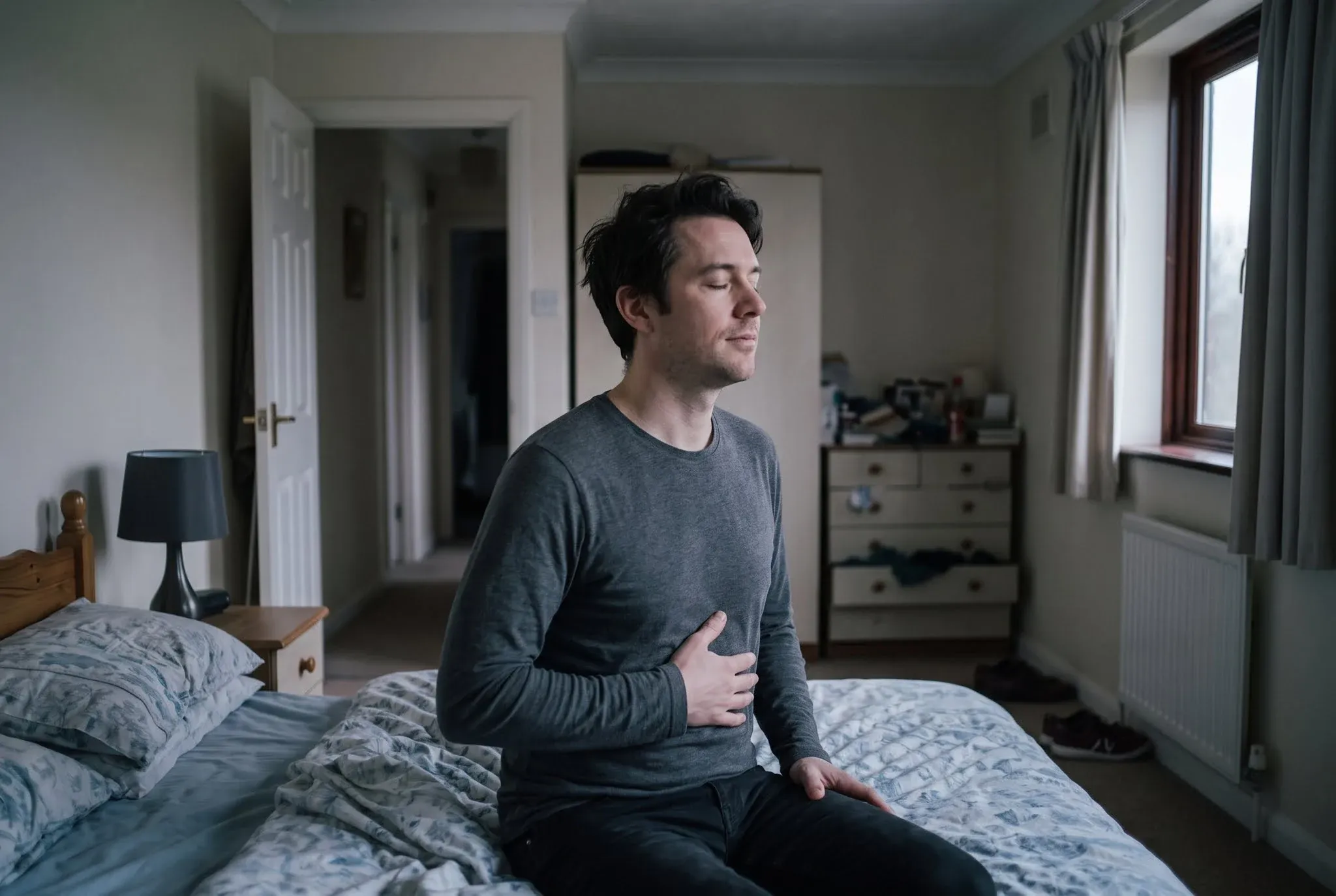 A man sitting on the edge of an unmade bed with his eyes closed and one hand resting on his lower ribs, mid breath