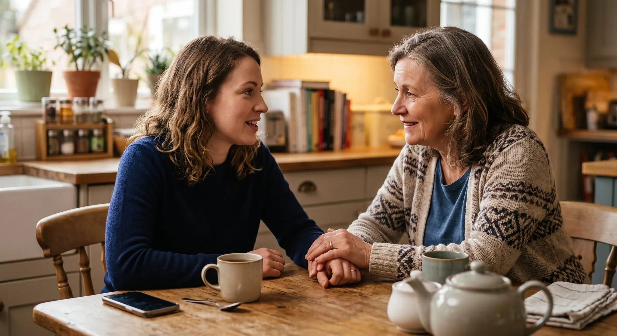 A mother and her adult daughter talking at a kitchen table, the mother's hand resting over her daughter's hand