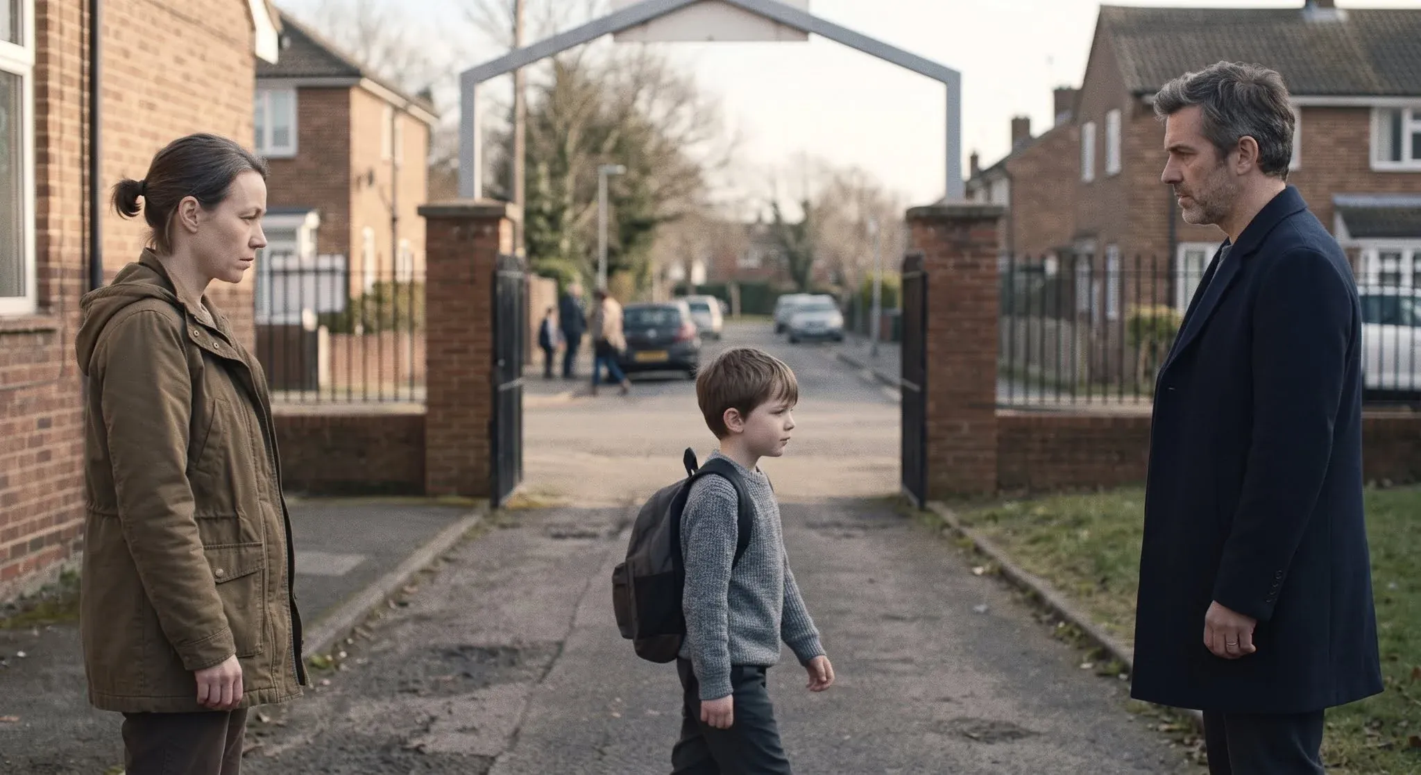 A young boy with a backpack walking between his mother and father outside a school gate, the two parents standing well apart