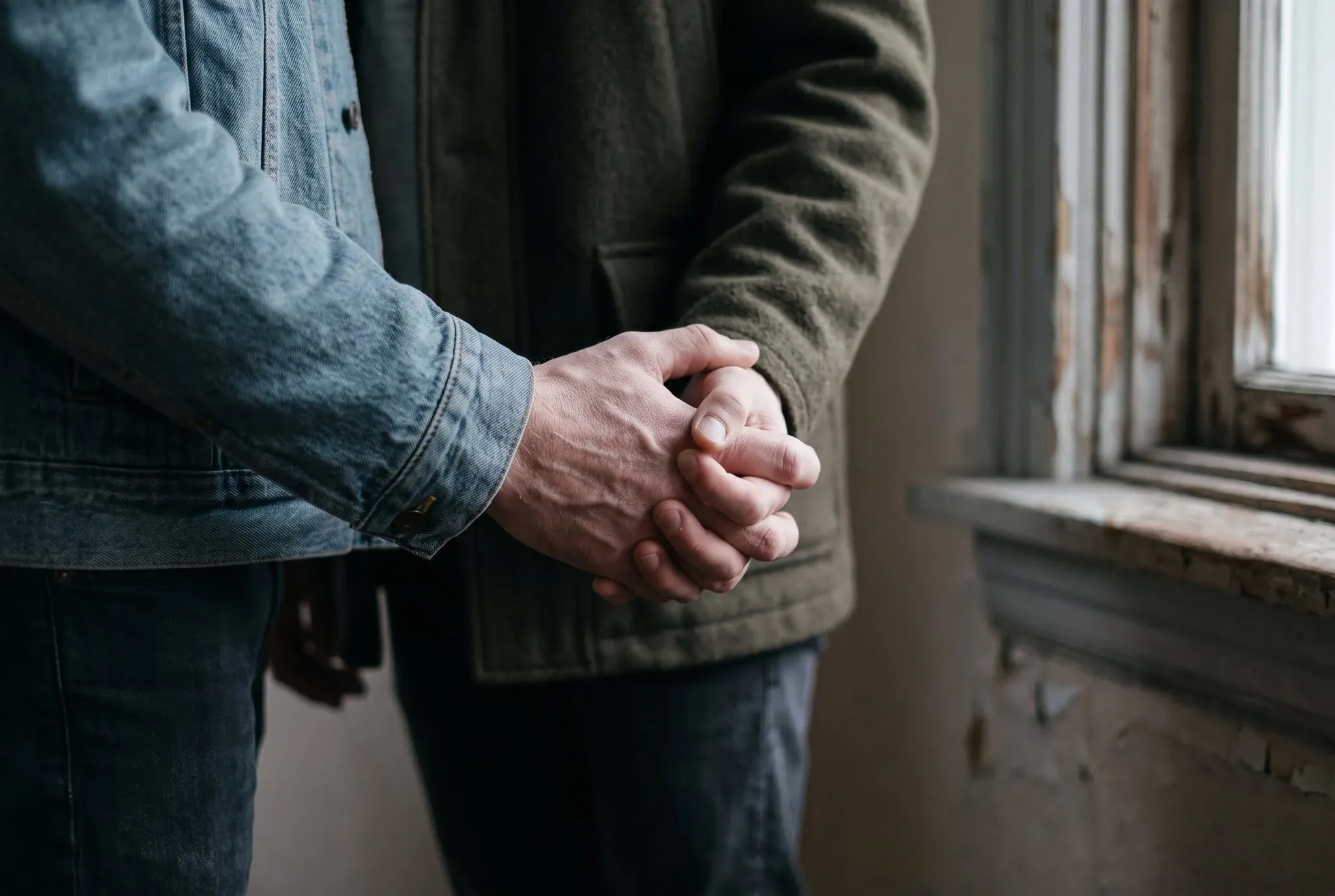 Two people's hands clasped tightly together, faces out of frame, in cool window light