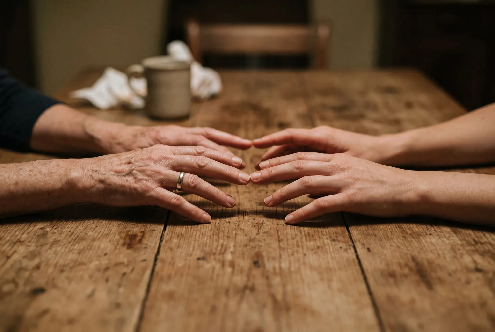 Two pairs of hands reaching toward each other across a wooden table without touching