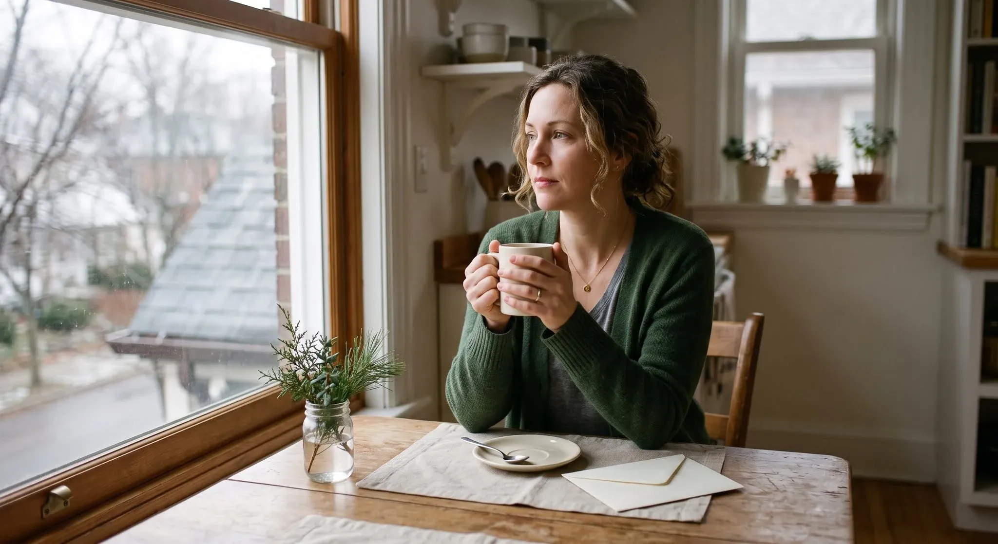 A woman alone at her kitchen table on a grey winter morning, holding a mug and looking out of the window, an unopened envelope beside her