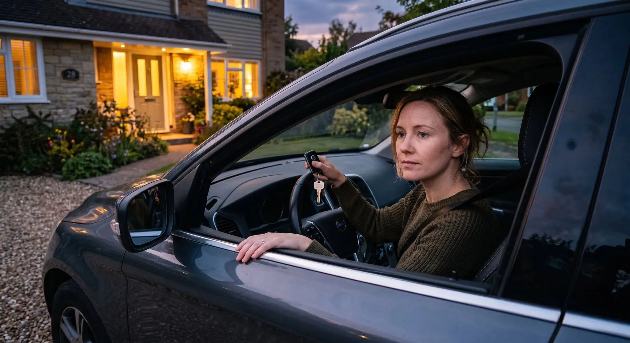A woman sitting in her parked car outside her lit-up house at dusk, keys in hand, not yet getting out