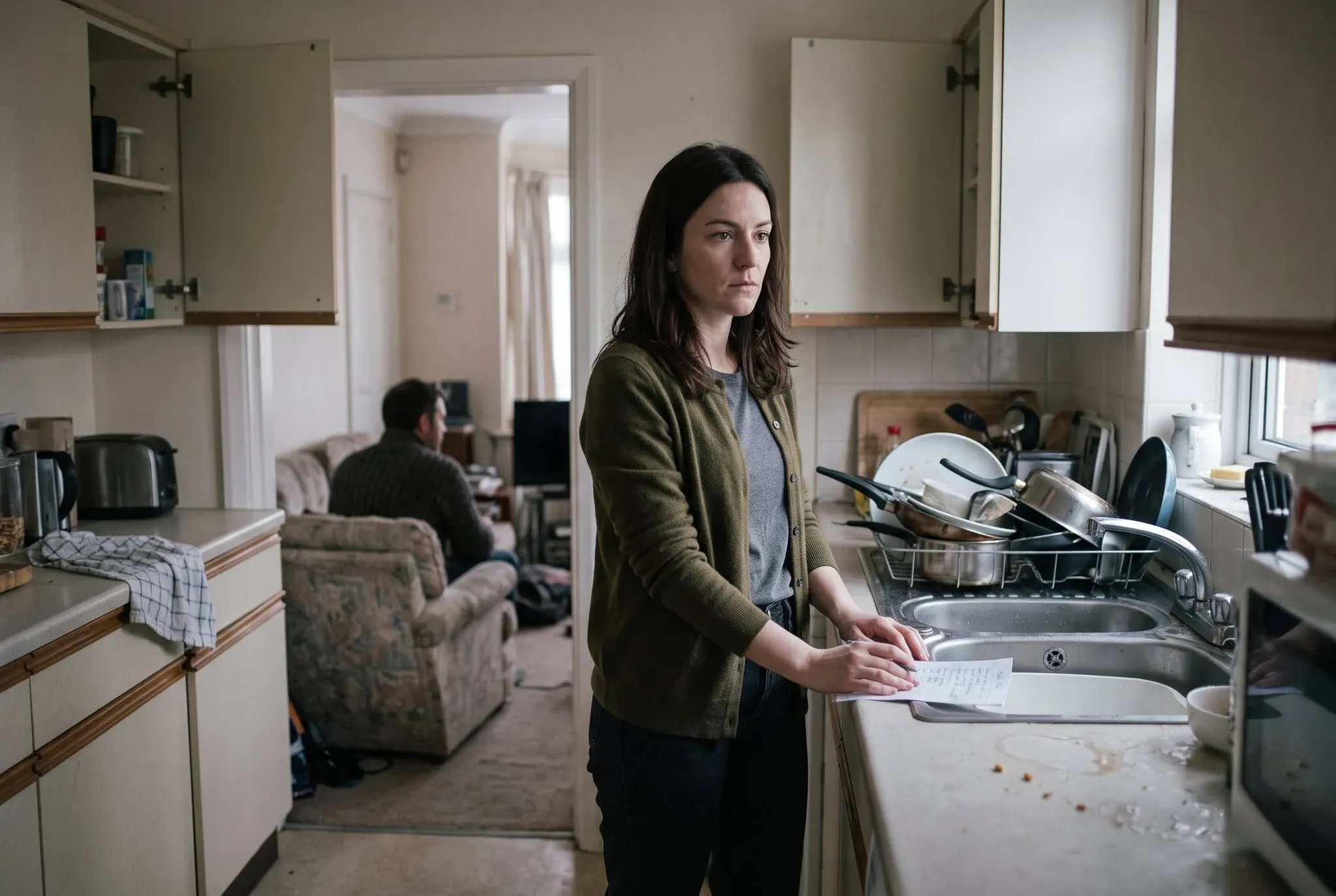 A woman standing at a kitchen sink stacked with unwashed pans, one hand resting on a handwritten list, while a man sits watching television in the room behind her