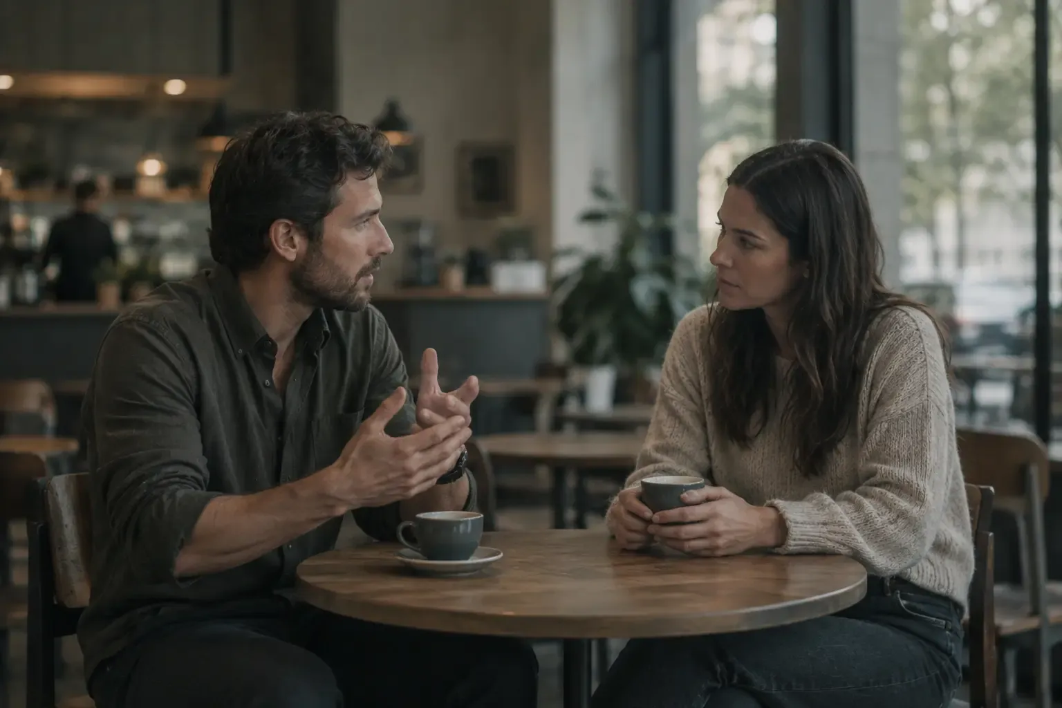 Two people at a small cafe table, one talking and gesturing, the other listening with both hands around her cup