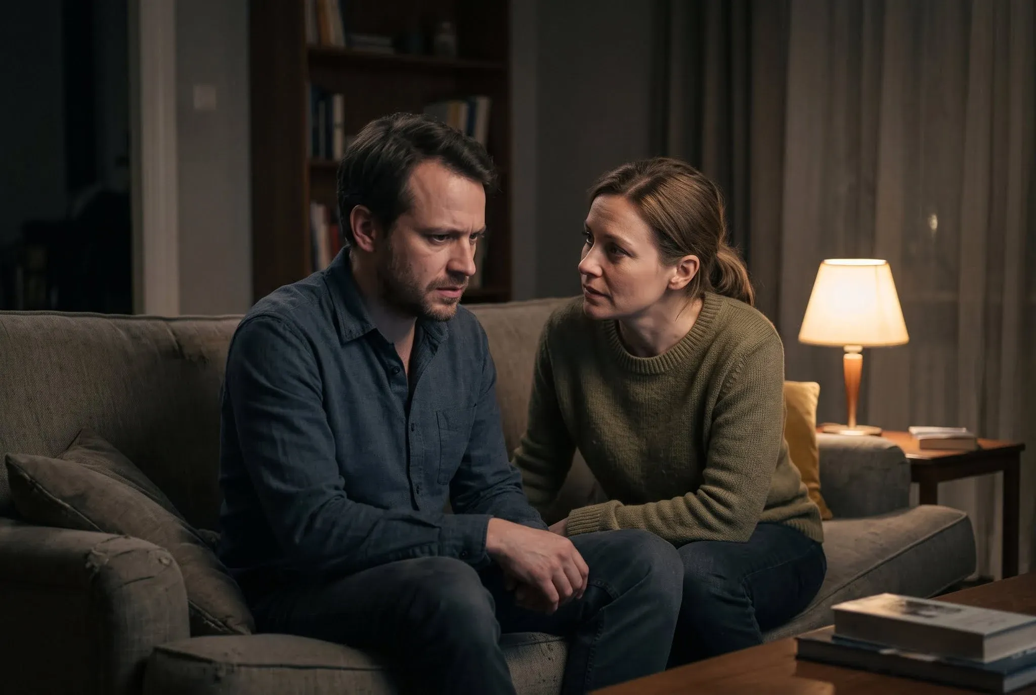 Two people sitting on a sofa, one leaning in listening closely while the other looks uneasy