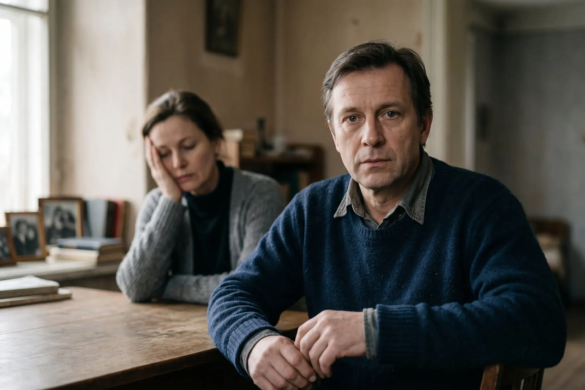 A man looking directly at the camera while a woman behind him rests her head on her hand