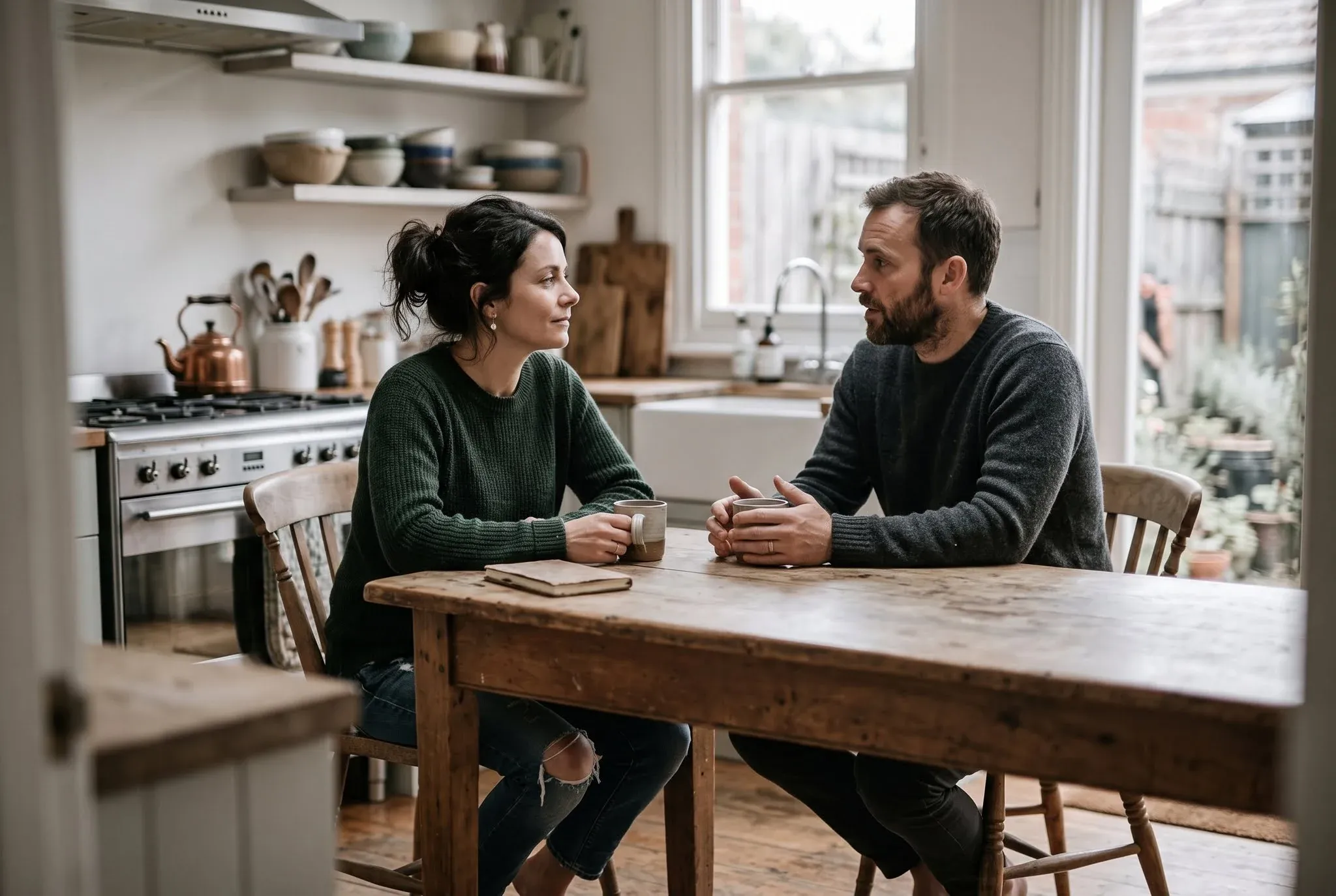 A couple sitting across a kitchen table in matching postures, both holding mugs, mid-conversation