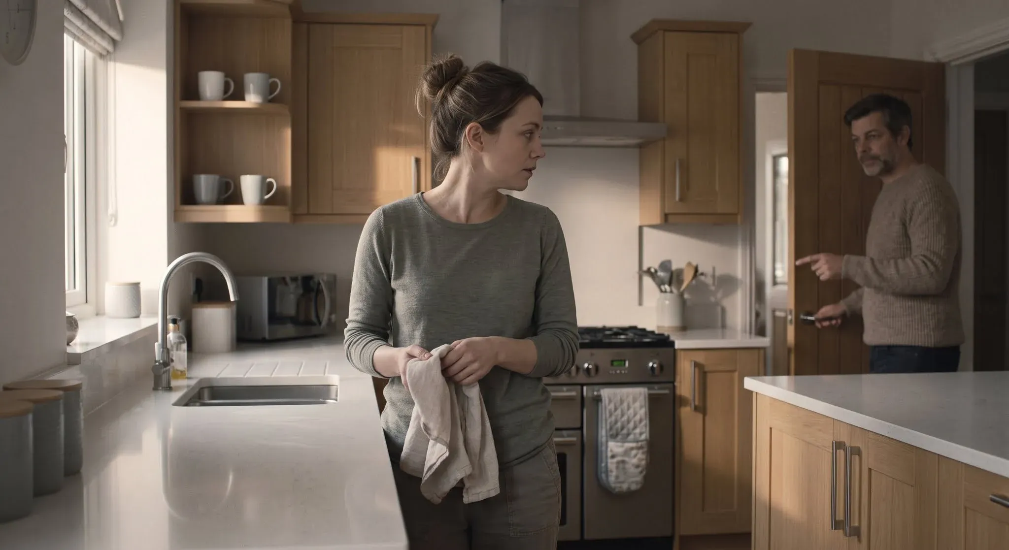 A woman holding a tea towel in a spotless kitchen, turning towards a man at the door who is pointing at something she has missed