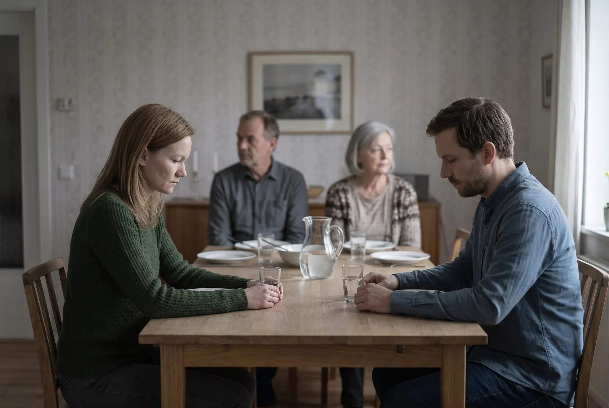 Two adult siblings sitting at a dining table looking down at their hands while their parents sit opposite them
