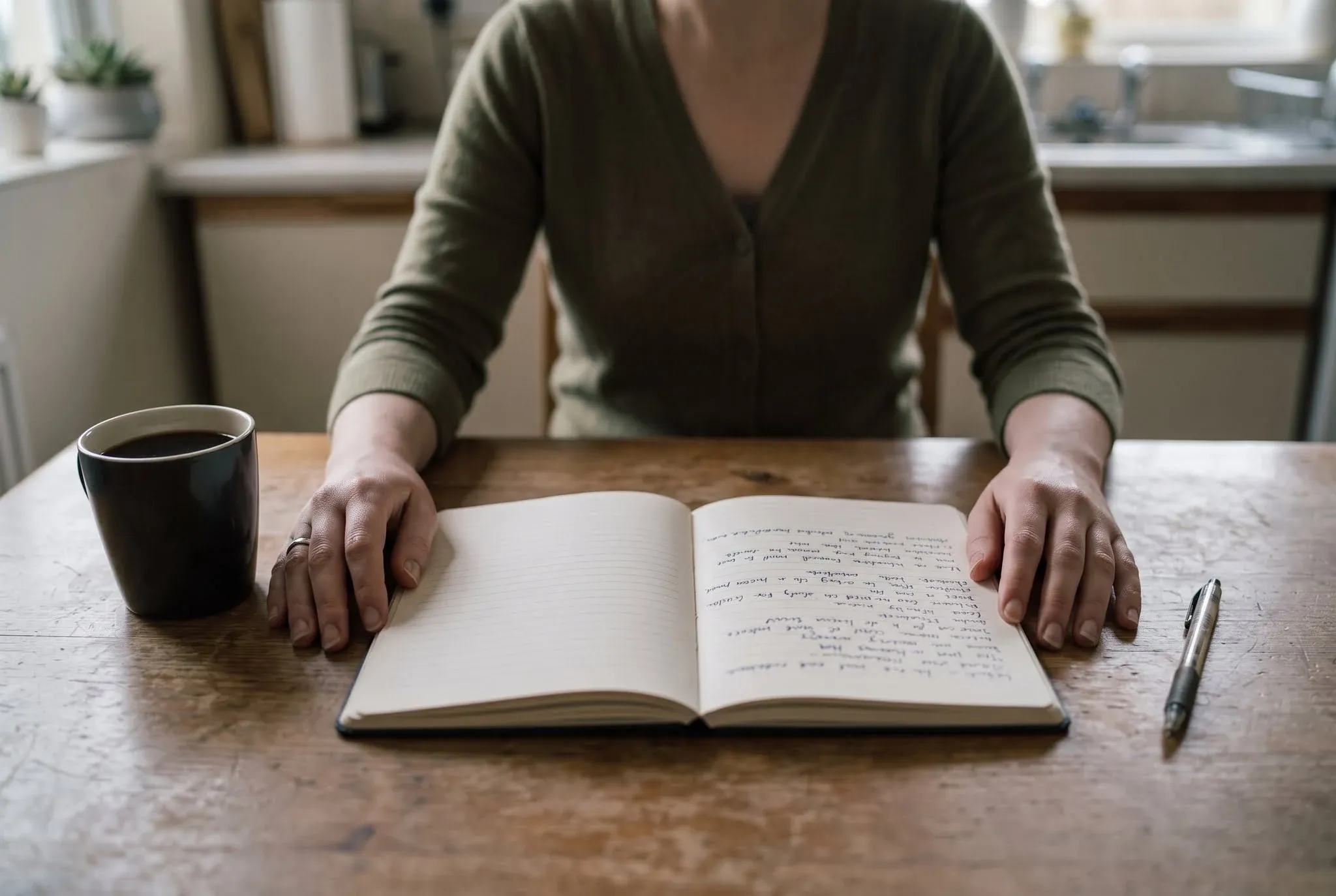 An open notebook with a half-written page on a kitchen table in daylight, an adult's hands resting either side of it