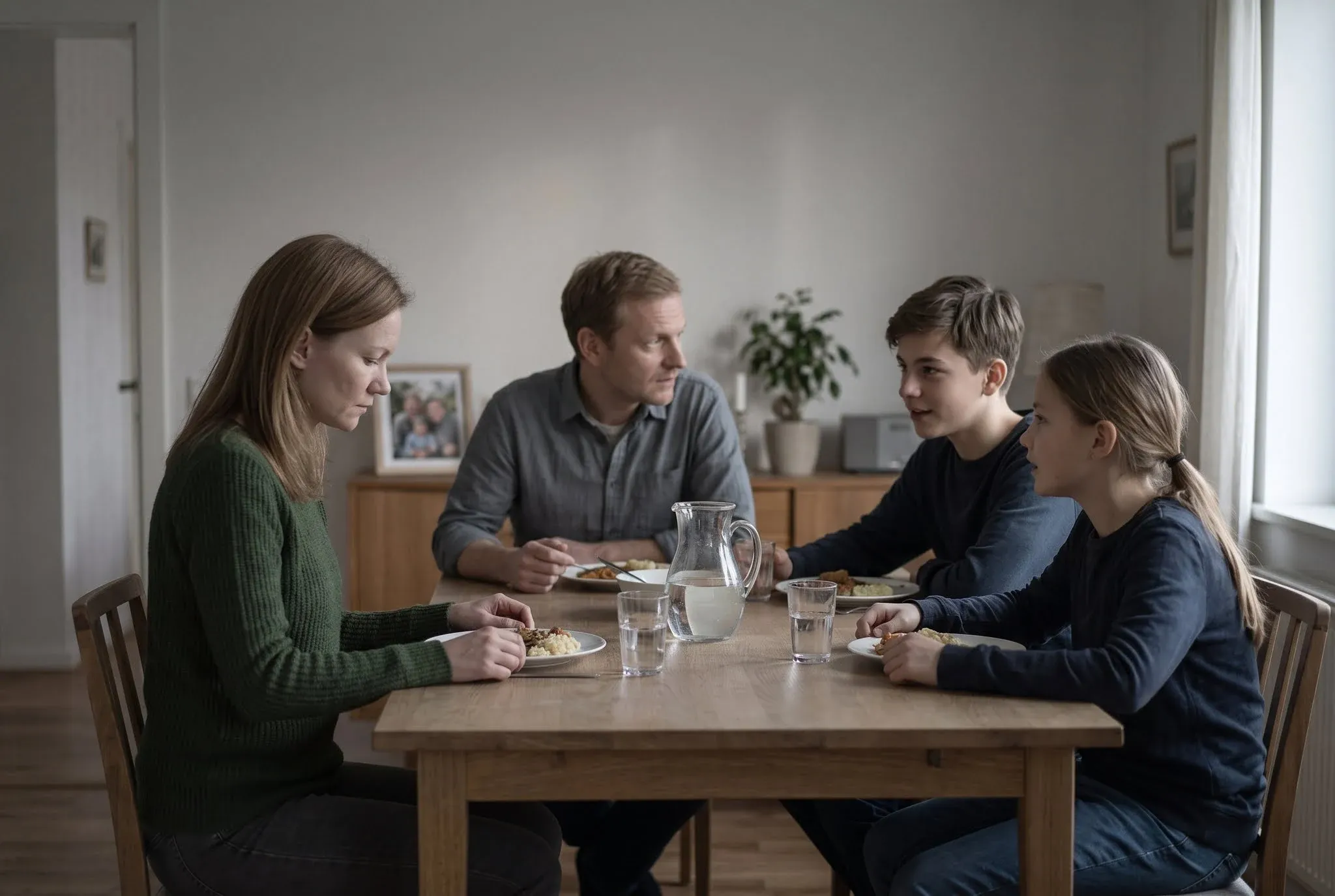 Four people at a dining table, three turned toward each other in conversation while the fourth looks down at her plate