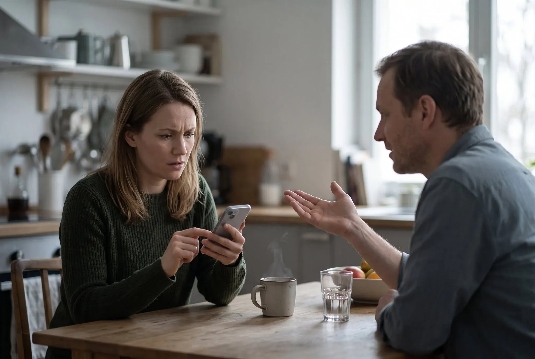 A woman at a kitchen table frowning at her phone while a man across from her gestures as he talks