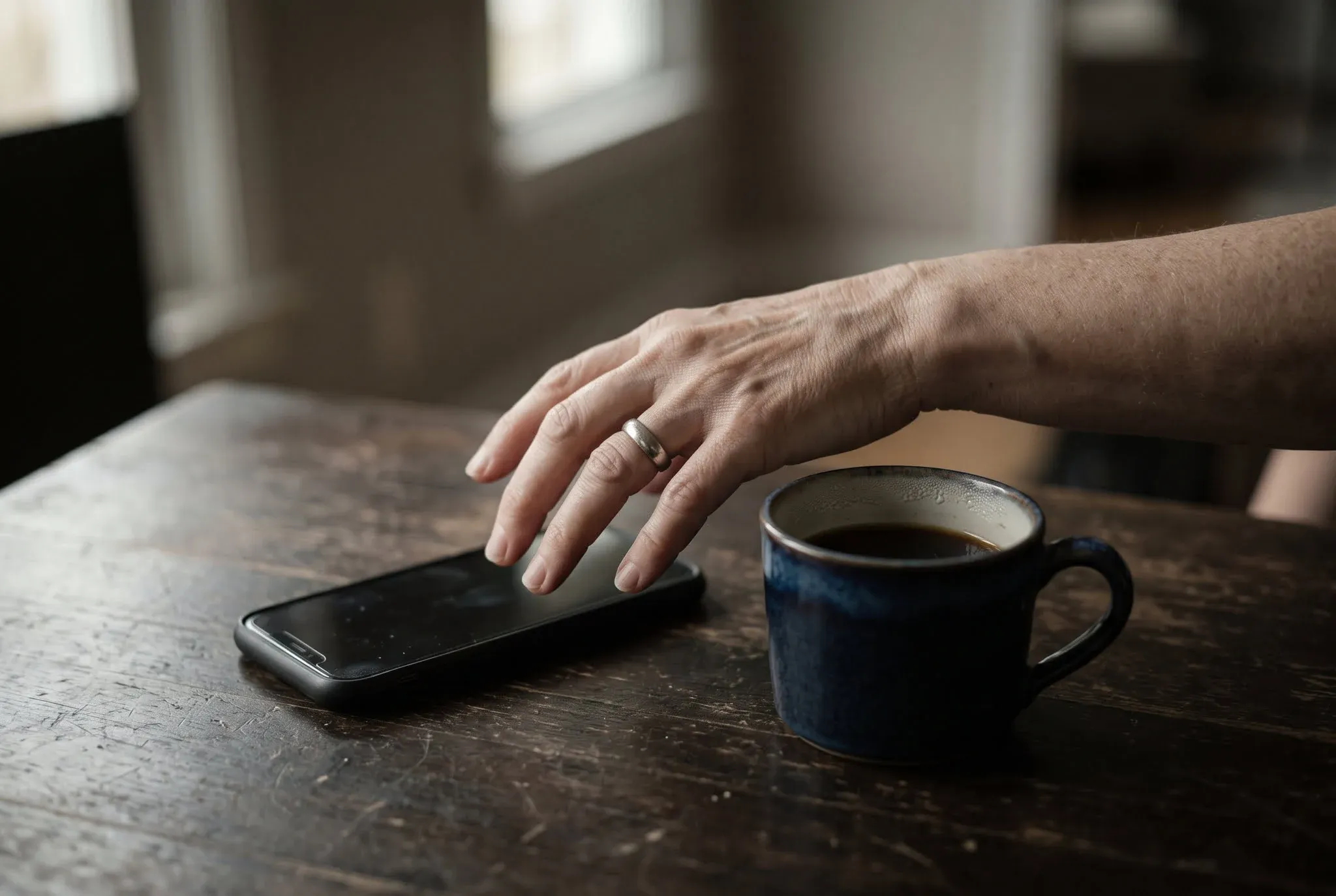 A hand resting on a face-down phone beside a mug of coffee on a wooden table