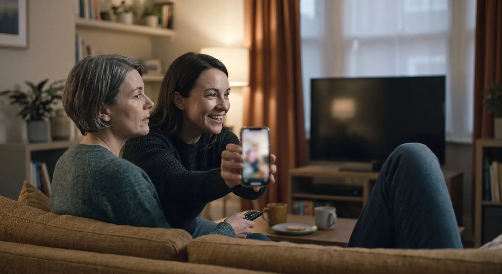 An adult daughter on a sofa holding out her phone with an excited smile while her mother, beside her, looks away towards the television