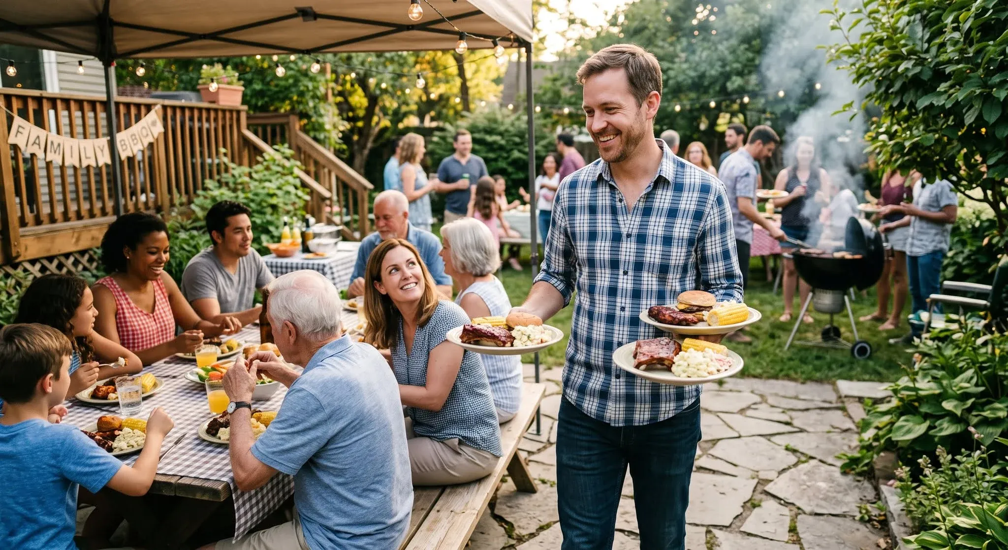 A smiling man carrying three plates of food to relatives at a backyard barbecue, with no plate of his own