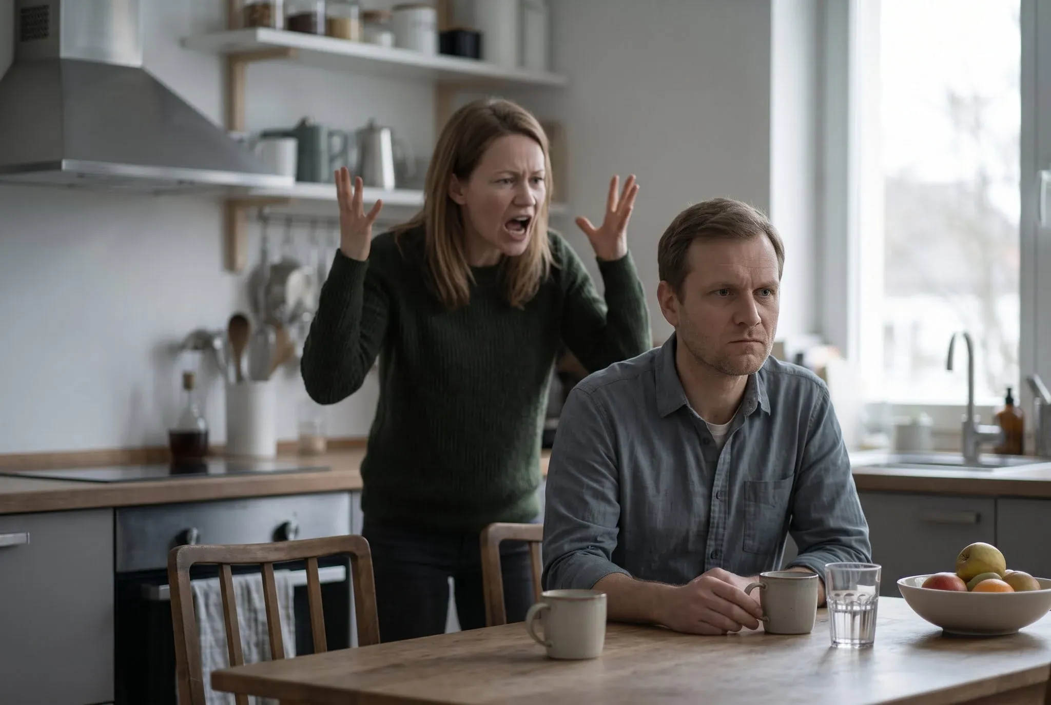 A woman standing mid-shout with her hands raised while a man sits calmly at the table below her
