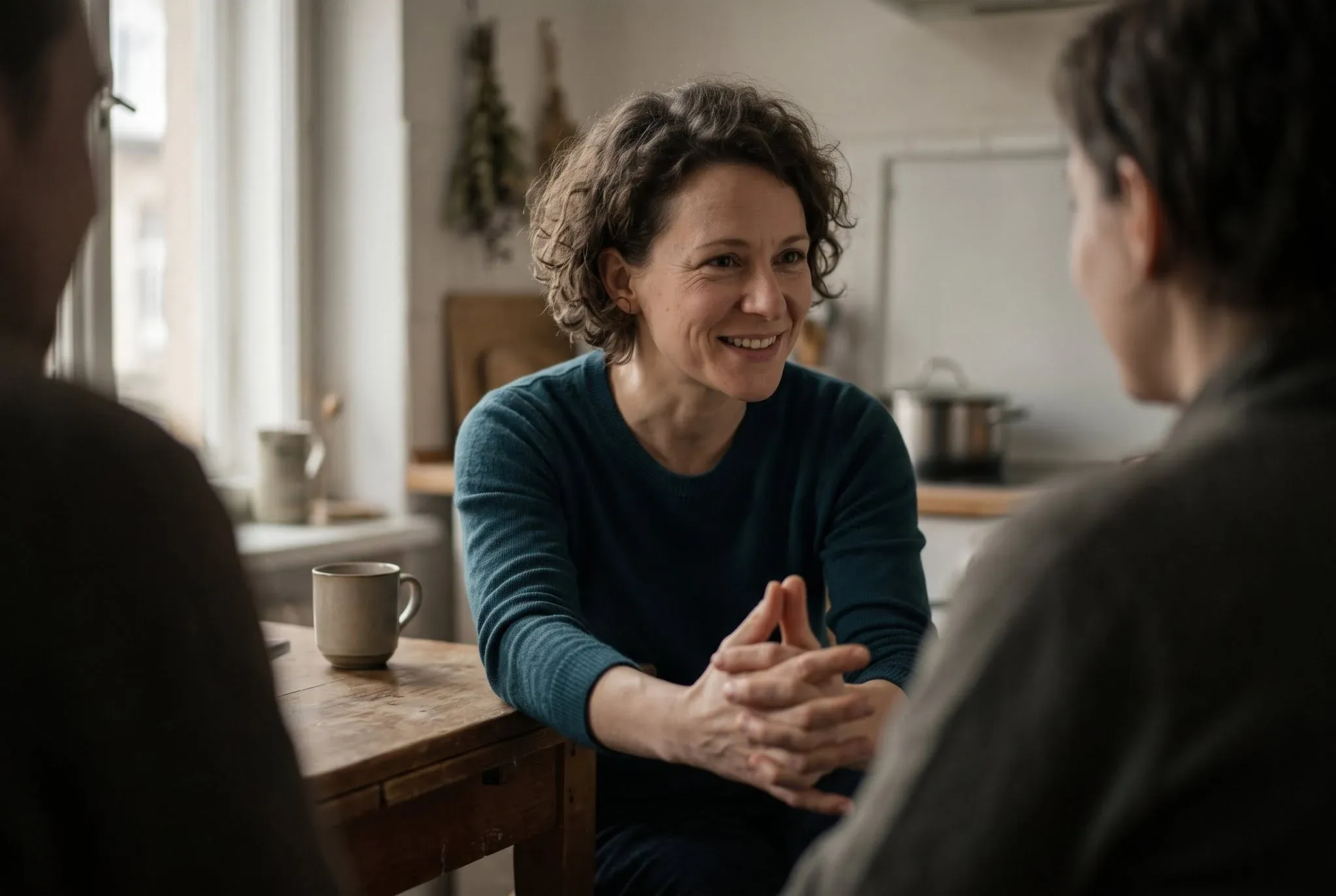 A woman smiling and talking across a kitchen table with her hands tightly clasped together