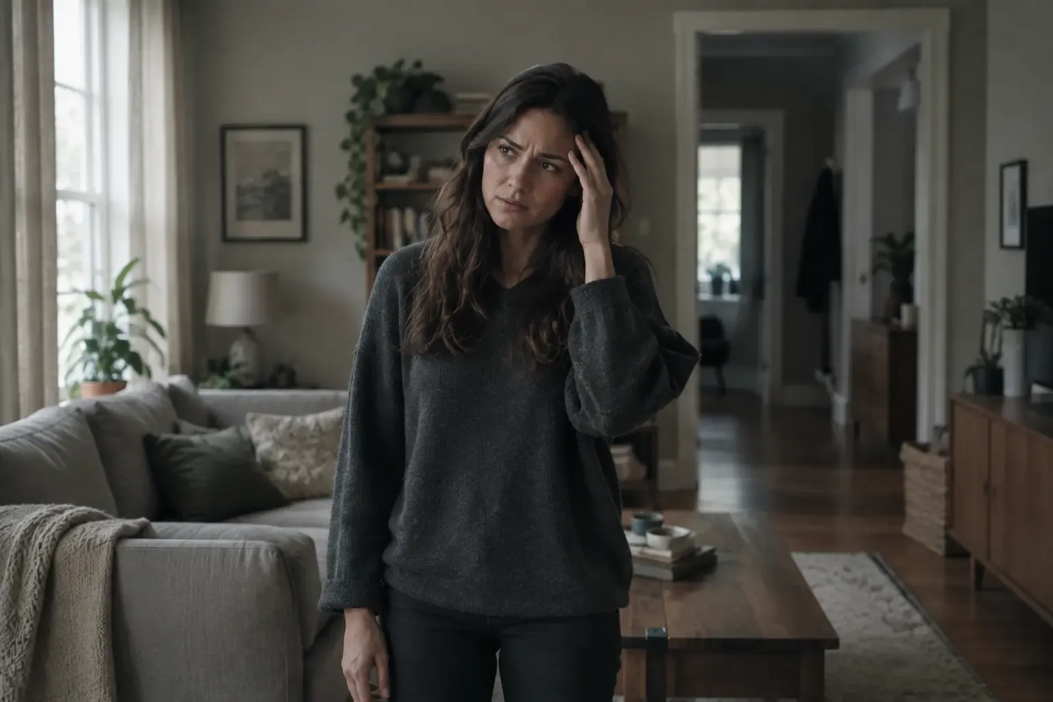 A woman standing in her living room with one hand to her temple, not focused on anything in the room