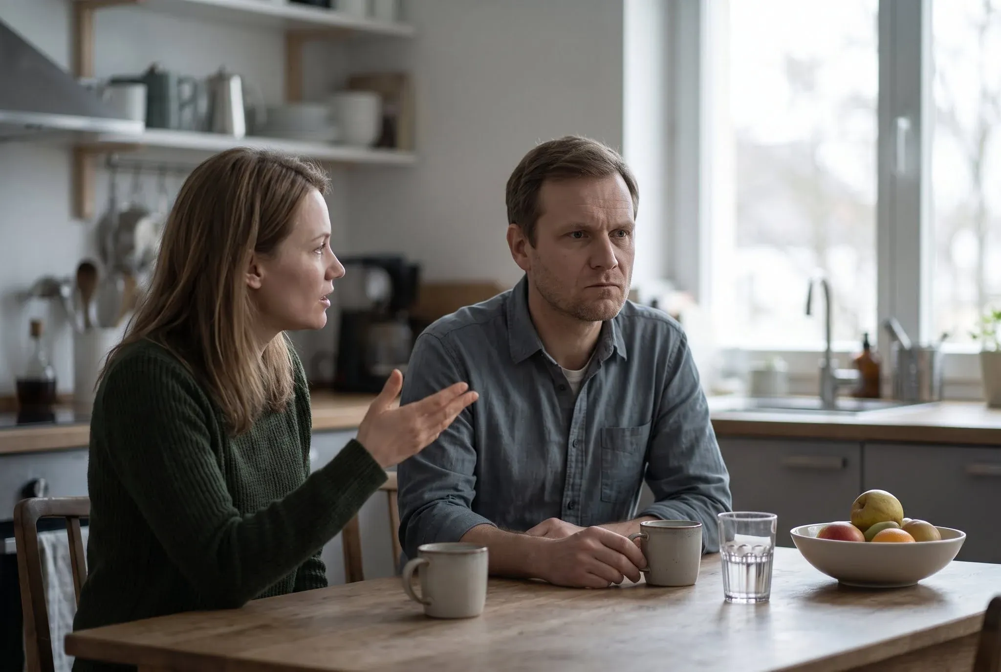 A woman talking and gesturing toward a man at a kitchen table who stares ahead without responding