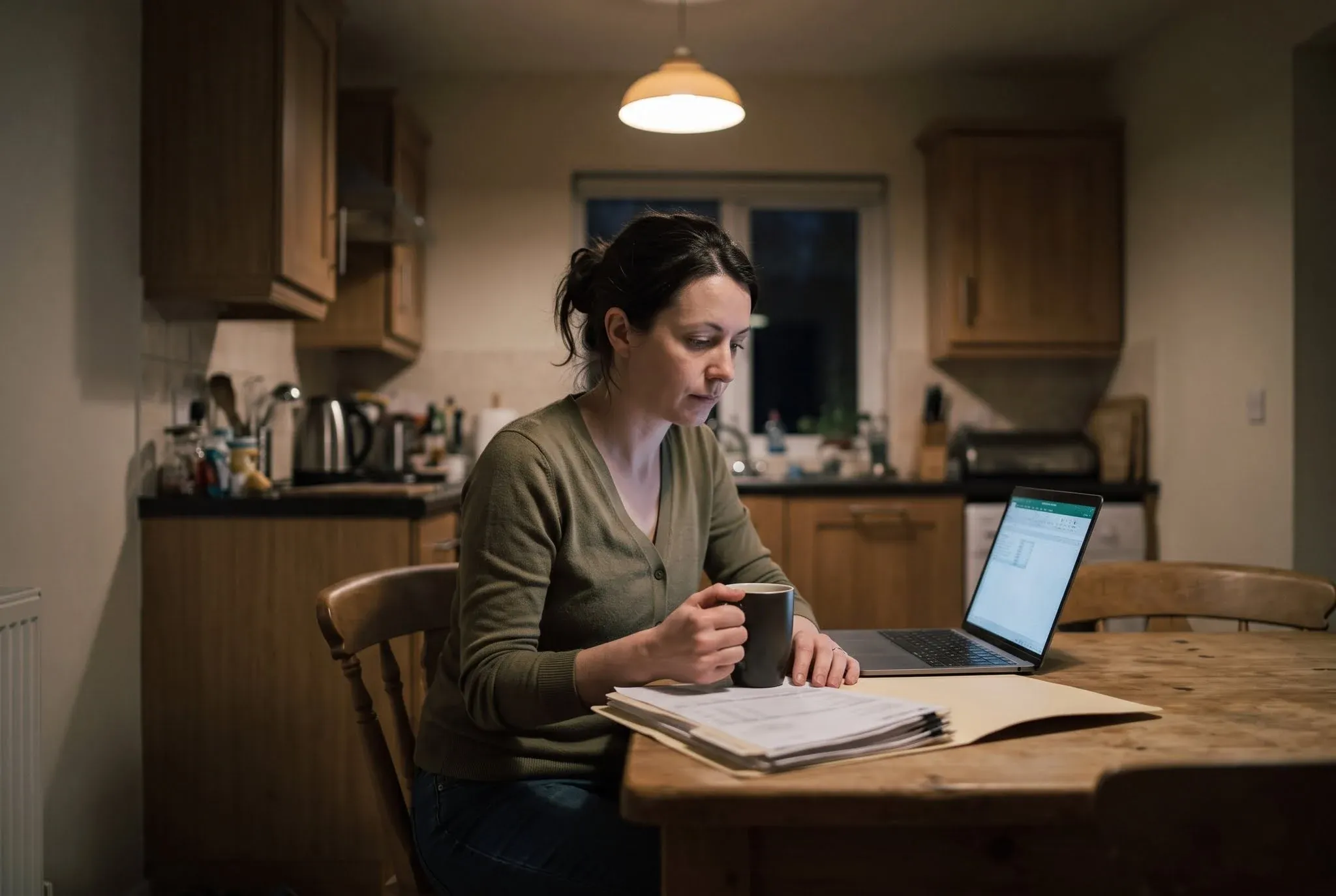 A woman at a kitchen table late at night with a laptop and a thick folder of paper bank statements, holding a mug