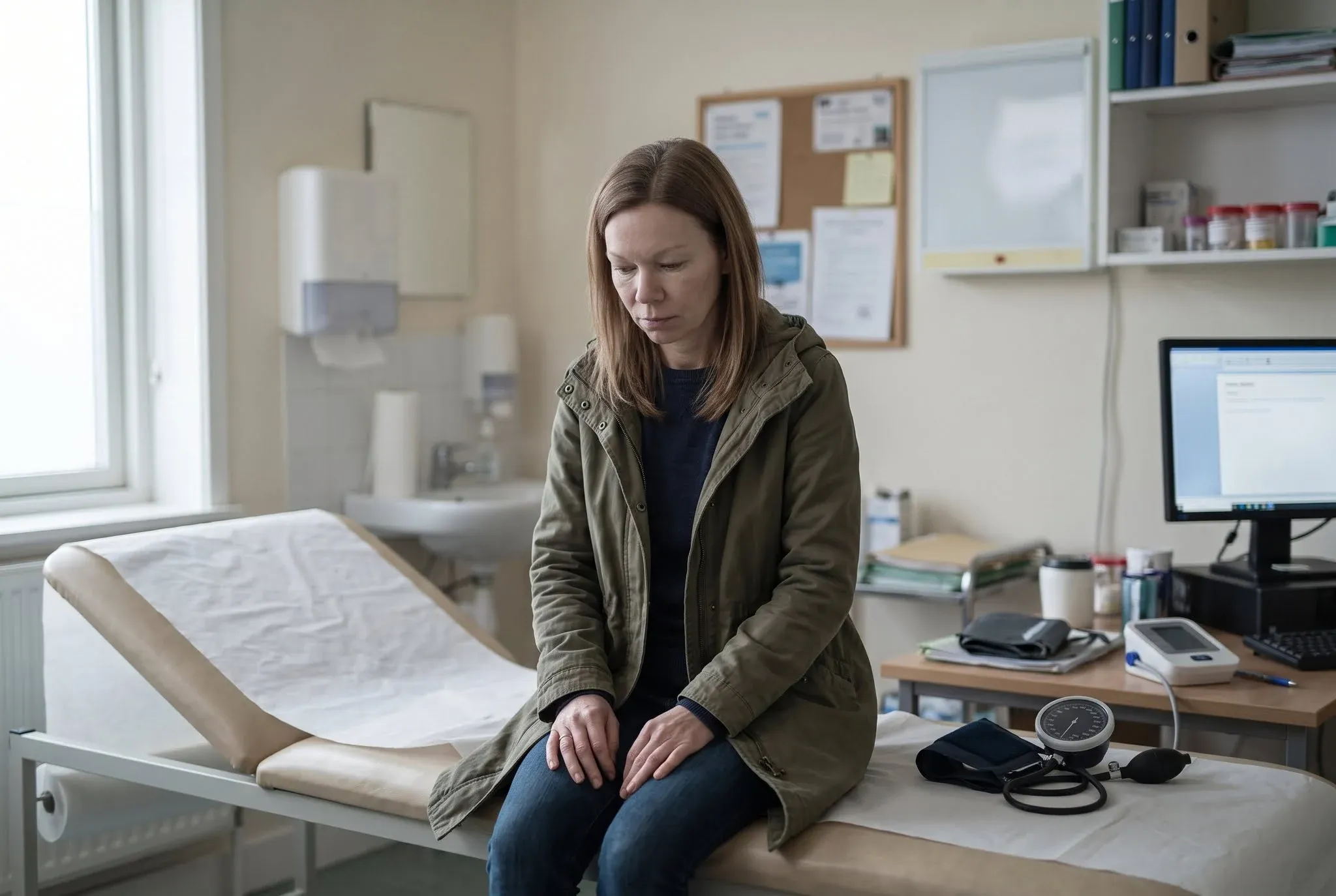 A woman still in her coat sitting on the examination bed in a GP consulting room, a blood pressure monitor on the desk beside her