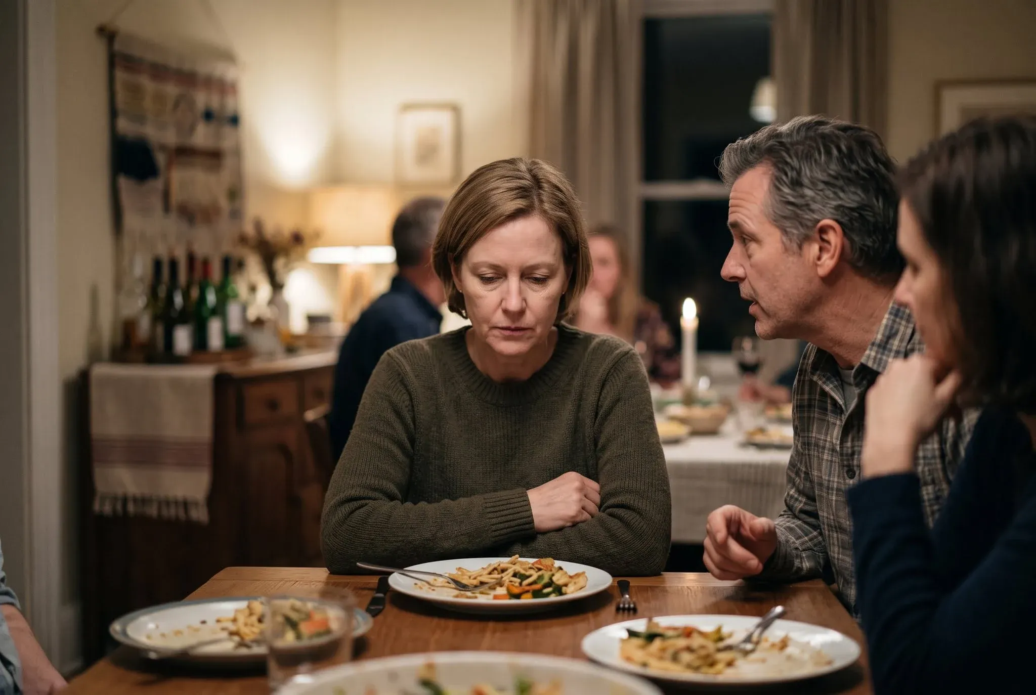 A woman looking down at her plate at a dinner table while the man beside her talks past her