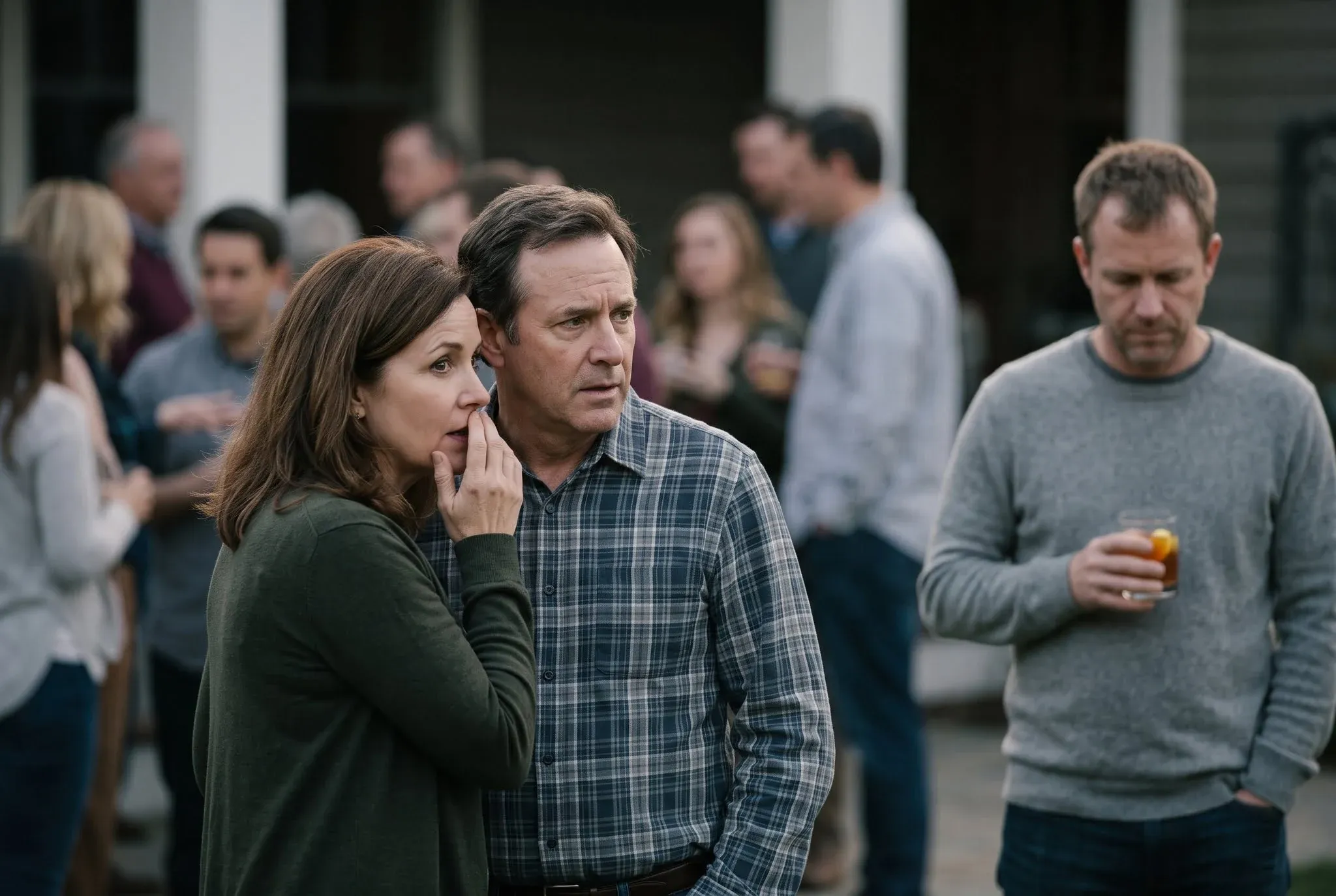 Two people talking quietly at the edge of a gathering, glancing toward a man standing alone