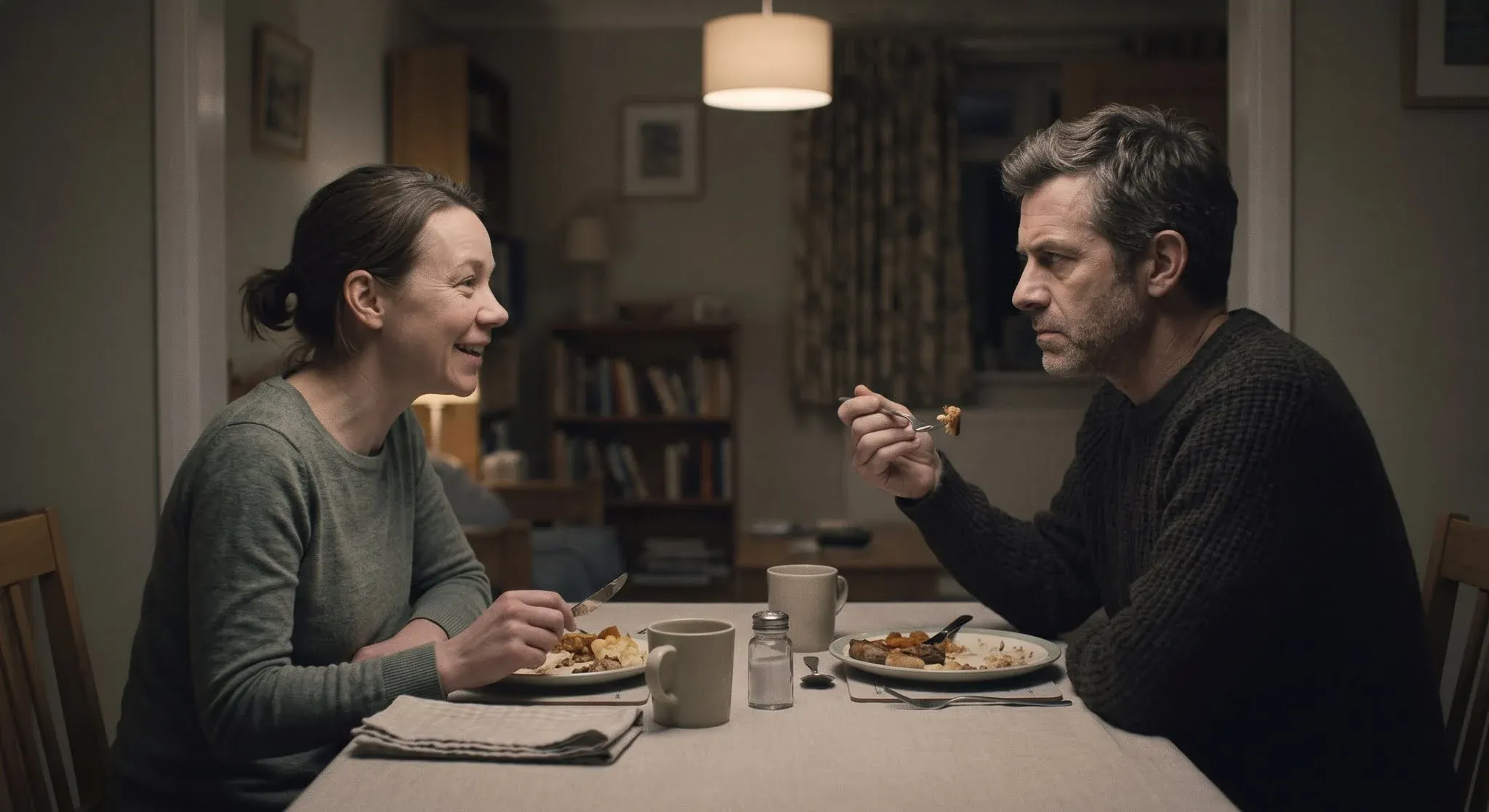 A woman smiling mid-sentence at a dinner table while the man opposite has gone still, fork raised, staring at her with a cold, tight expression